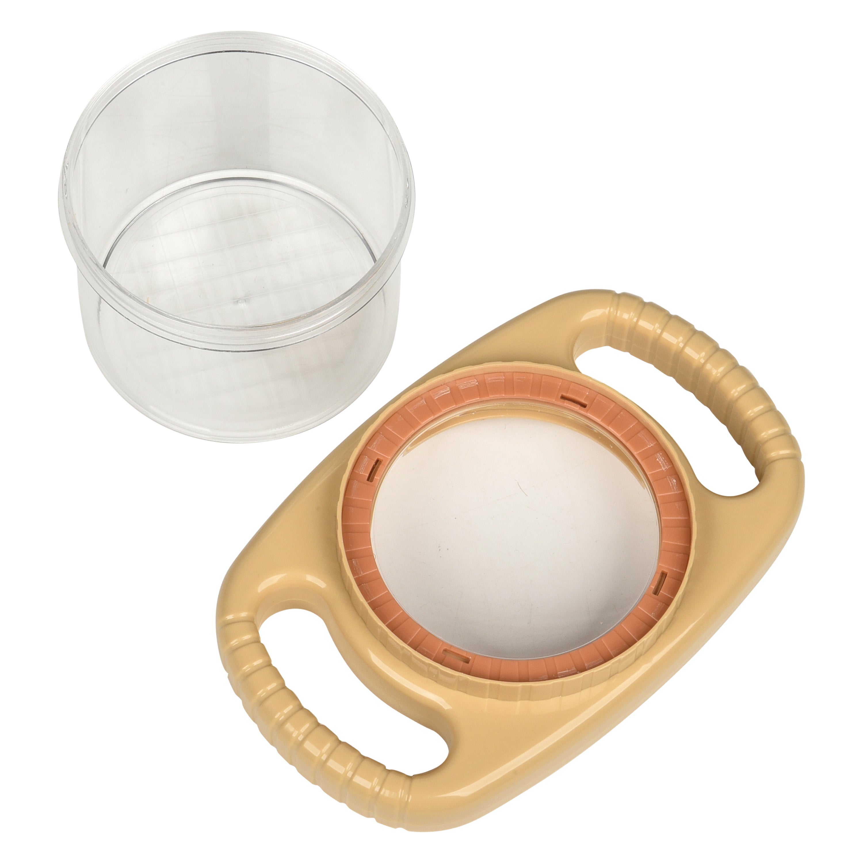 Clear plastic container with beige magnifier on a white background