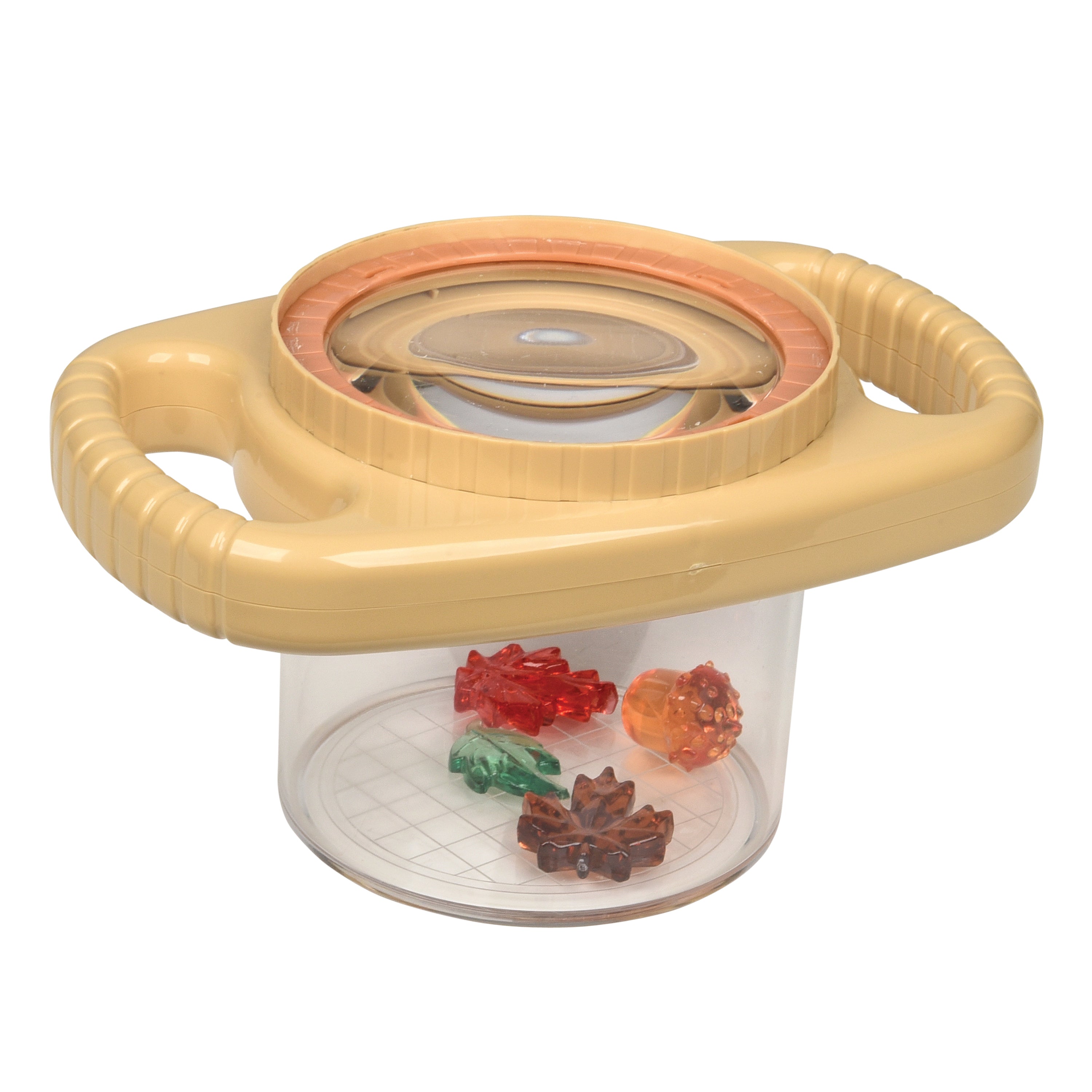 Magnifying toy with a transparent center containing colorful transparent toys on a white background