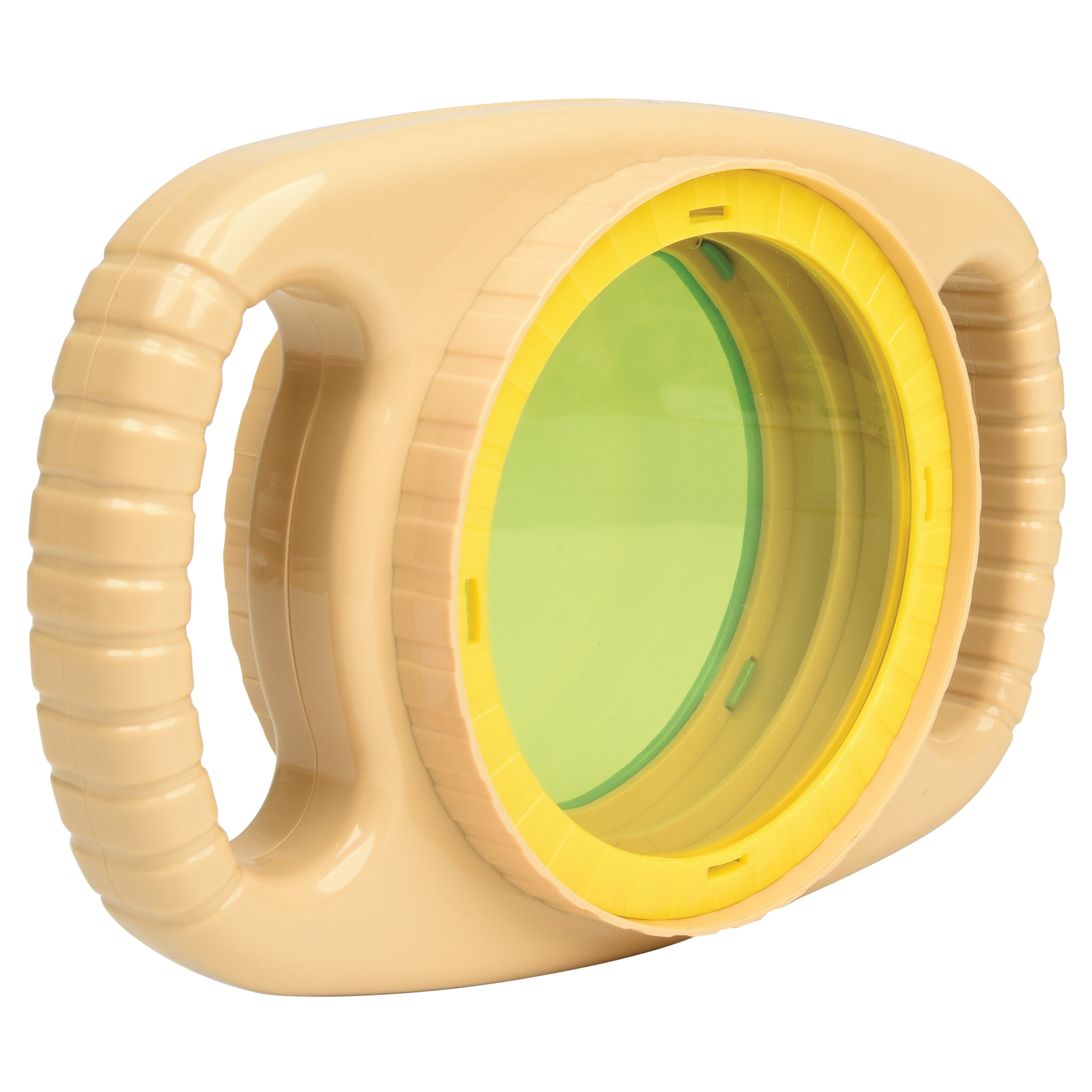Beige and yellow plastic toy wheel on a white background