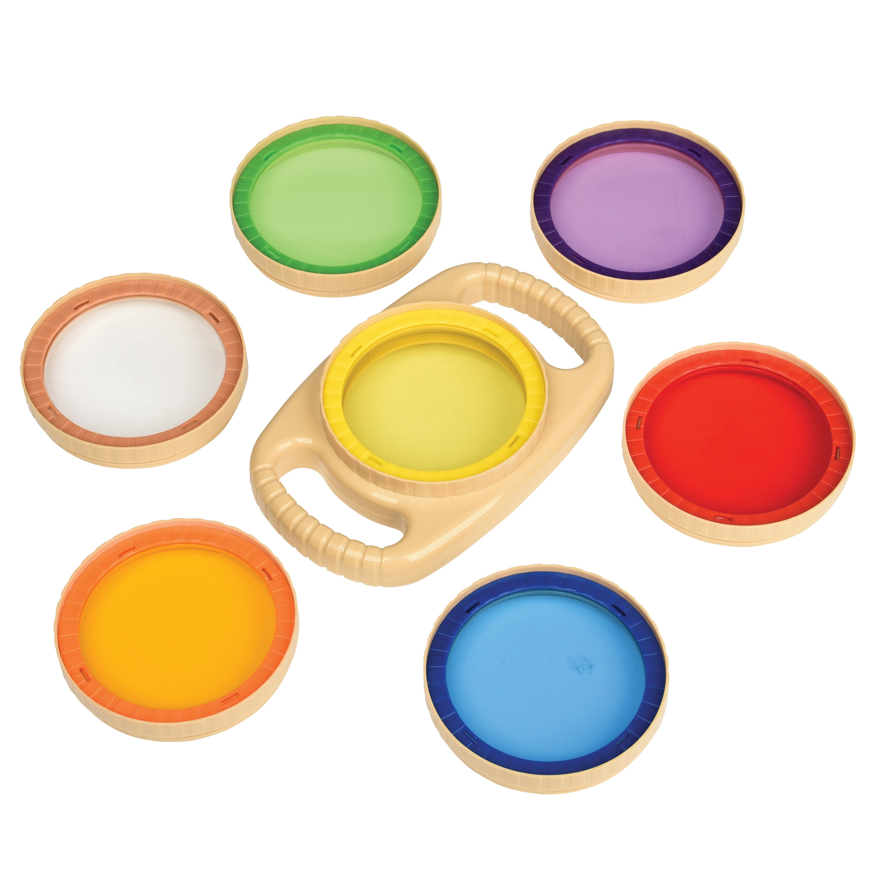 Set of colorful toys with a central handle on a white background