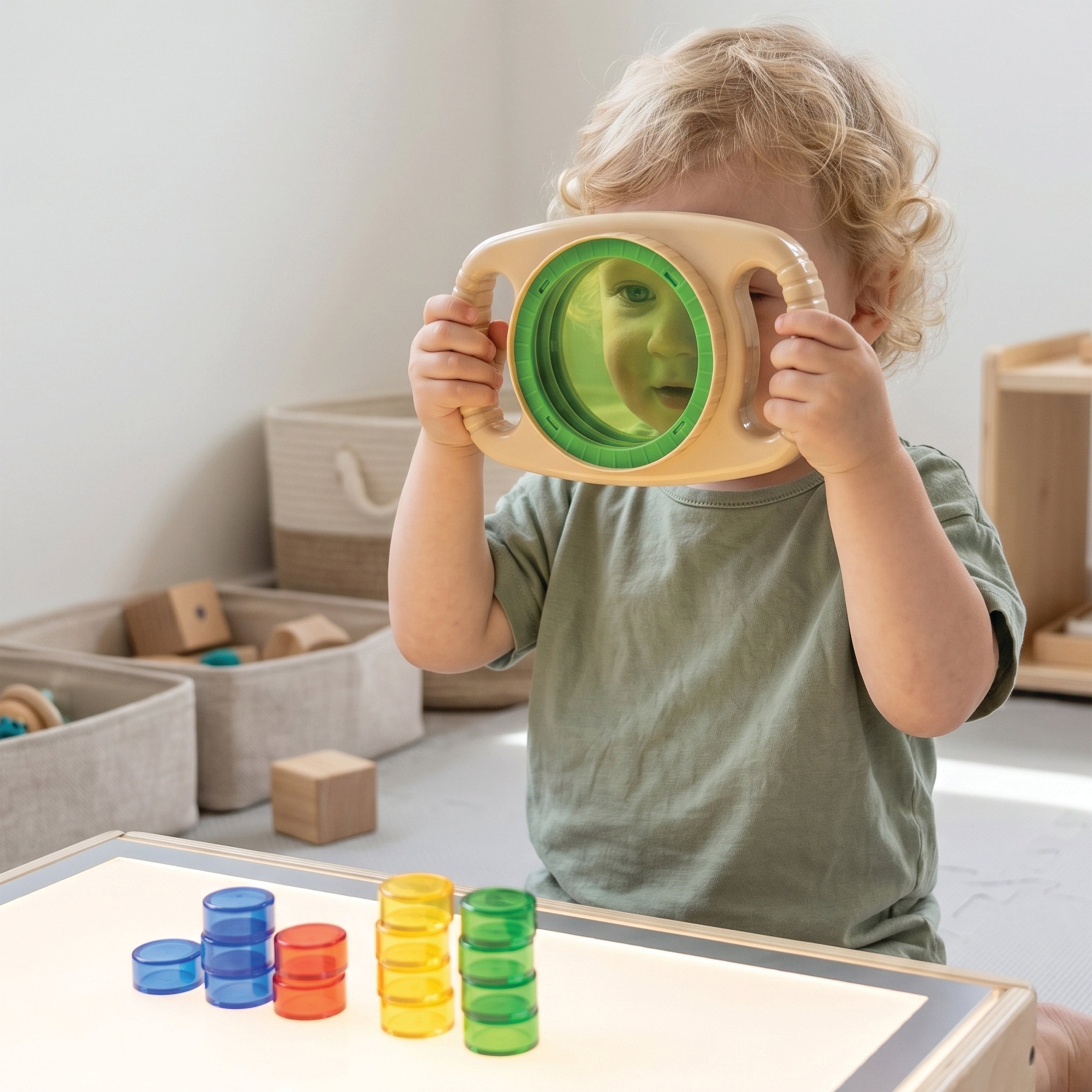 Child playing with a toy viewer in a room with educational toys.