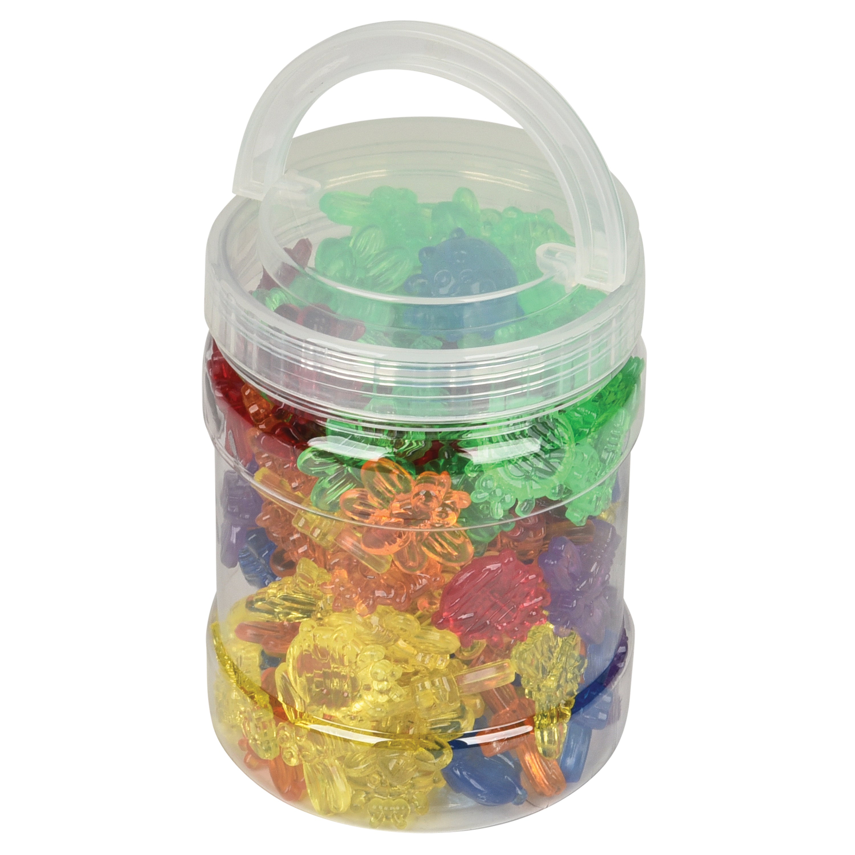 Clear plastic container filled with colorful insect-shaped toys a white background