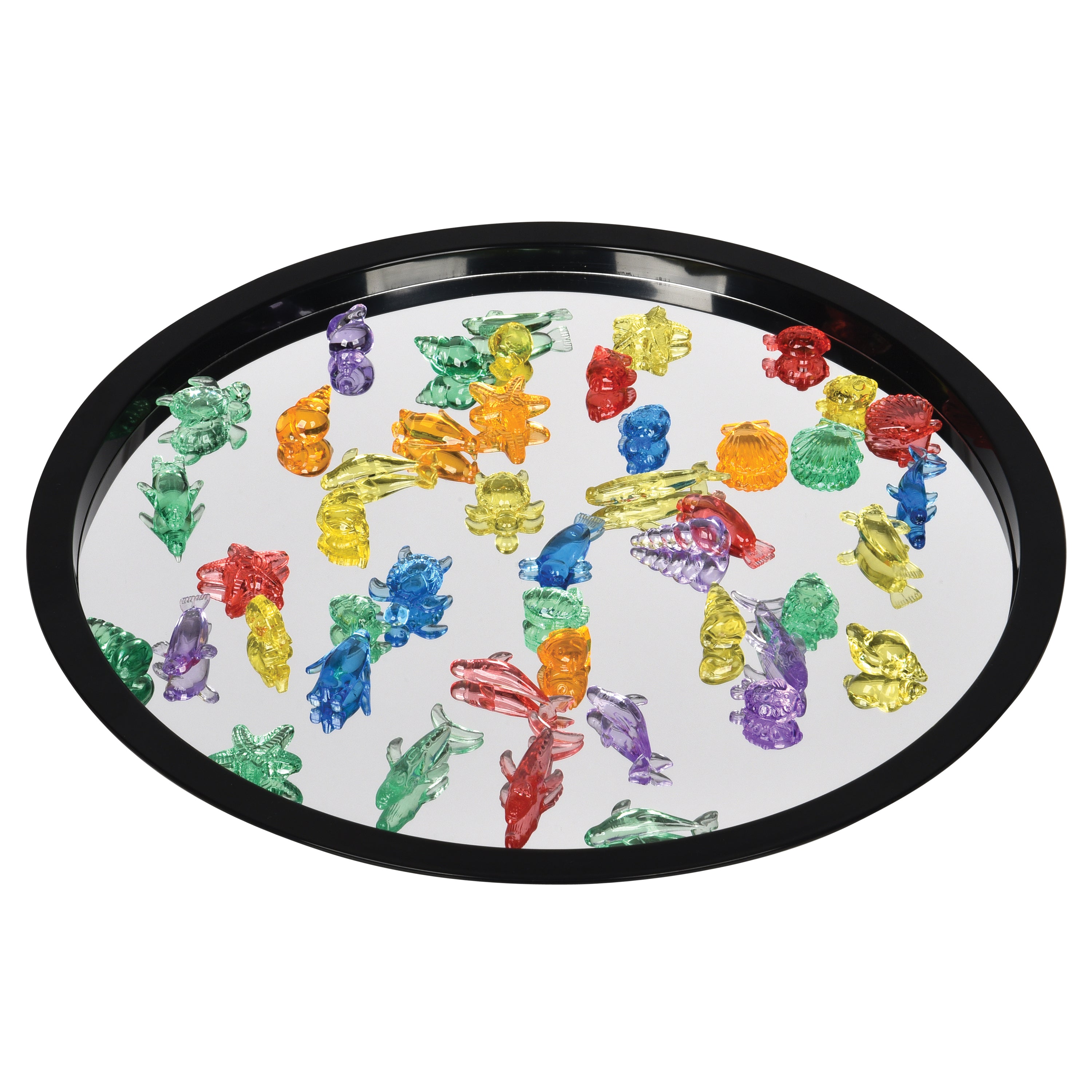 Colorful ocean themed figures on a white tray with a black rim
