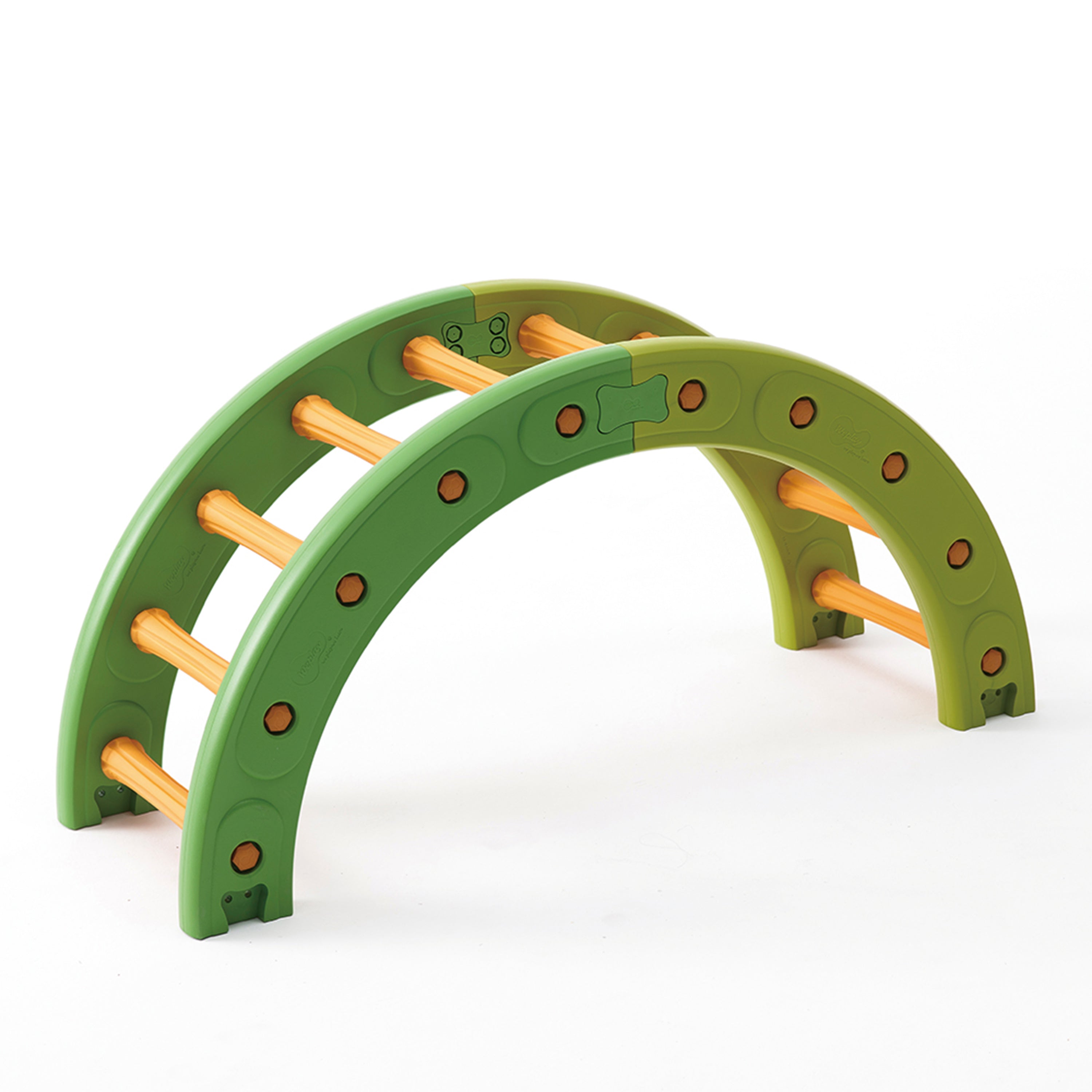 Green and orange toy arch on a white background