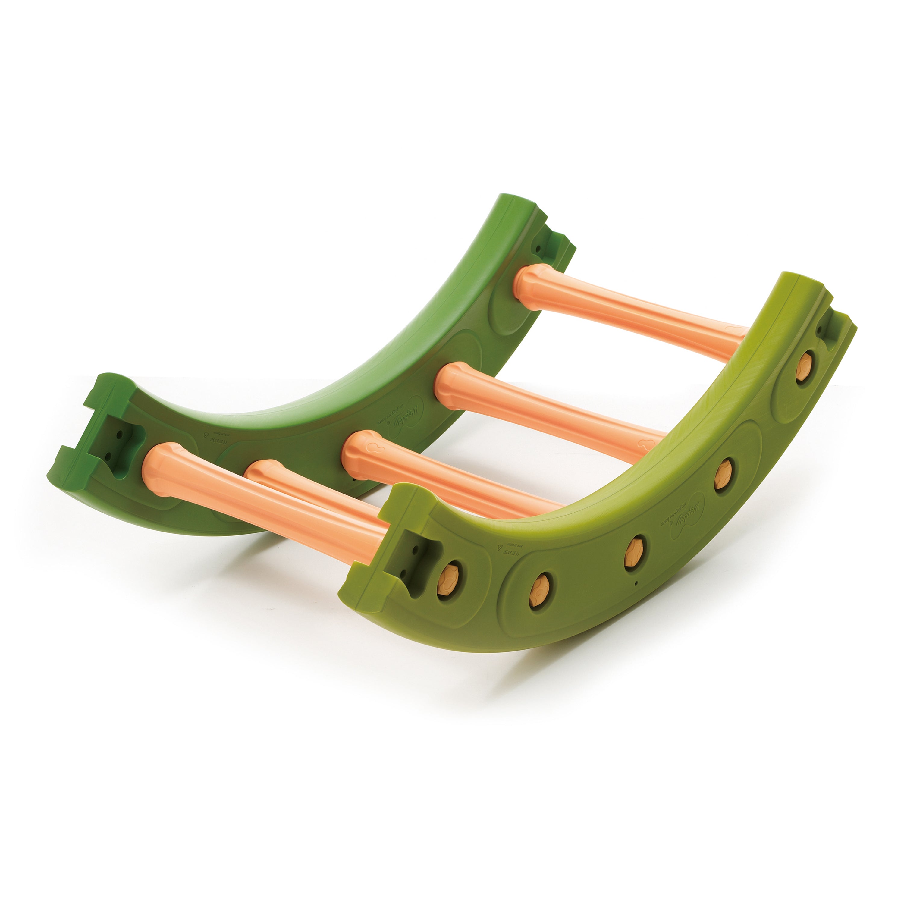 Green and orange arch-shaped toy on a white background