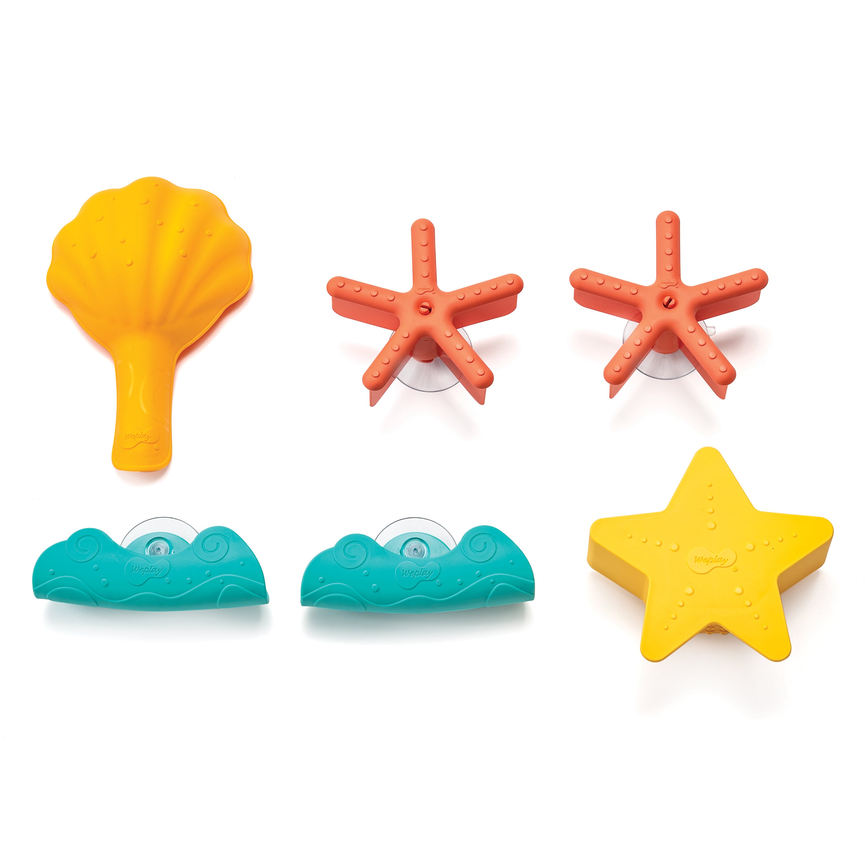 Set of colorful sea-themed bath toys including a shell, starfish, and wave shapes on a white background.