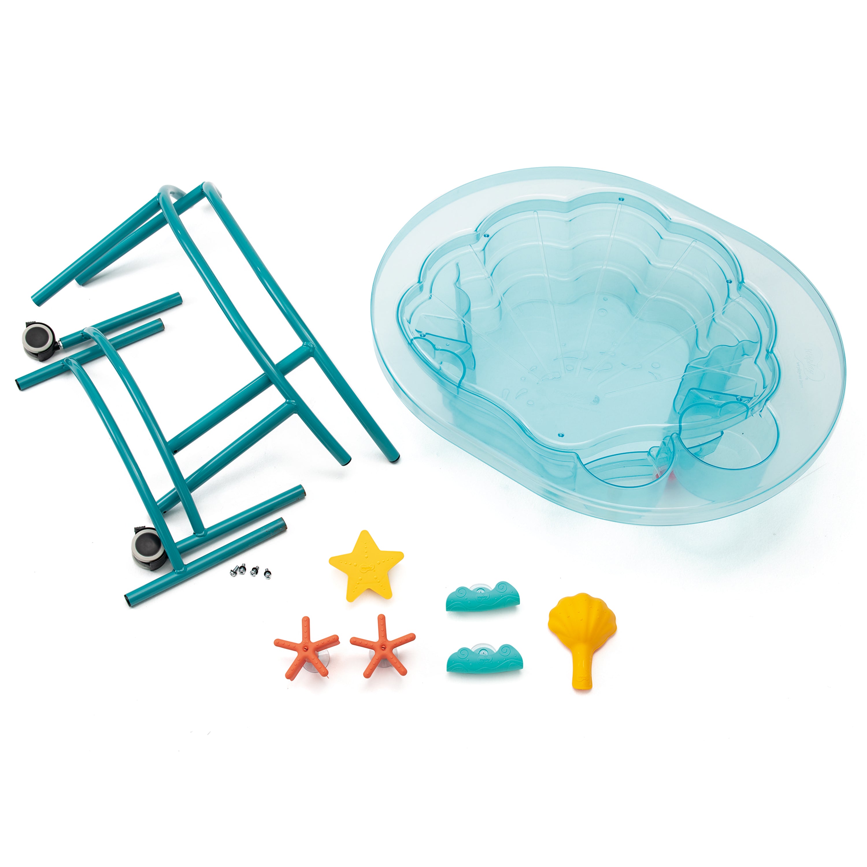 Set of beach-themed toys including a sandcastle mold, starfish, and other accessories on a white background.