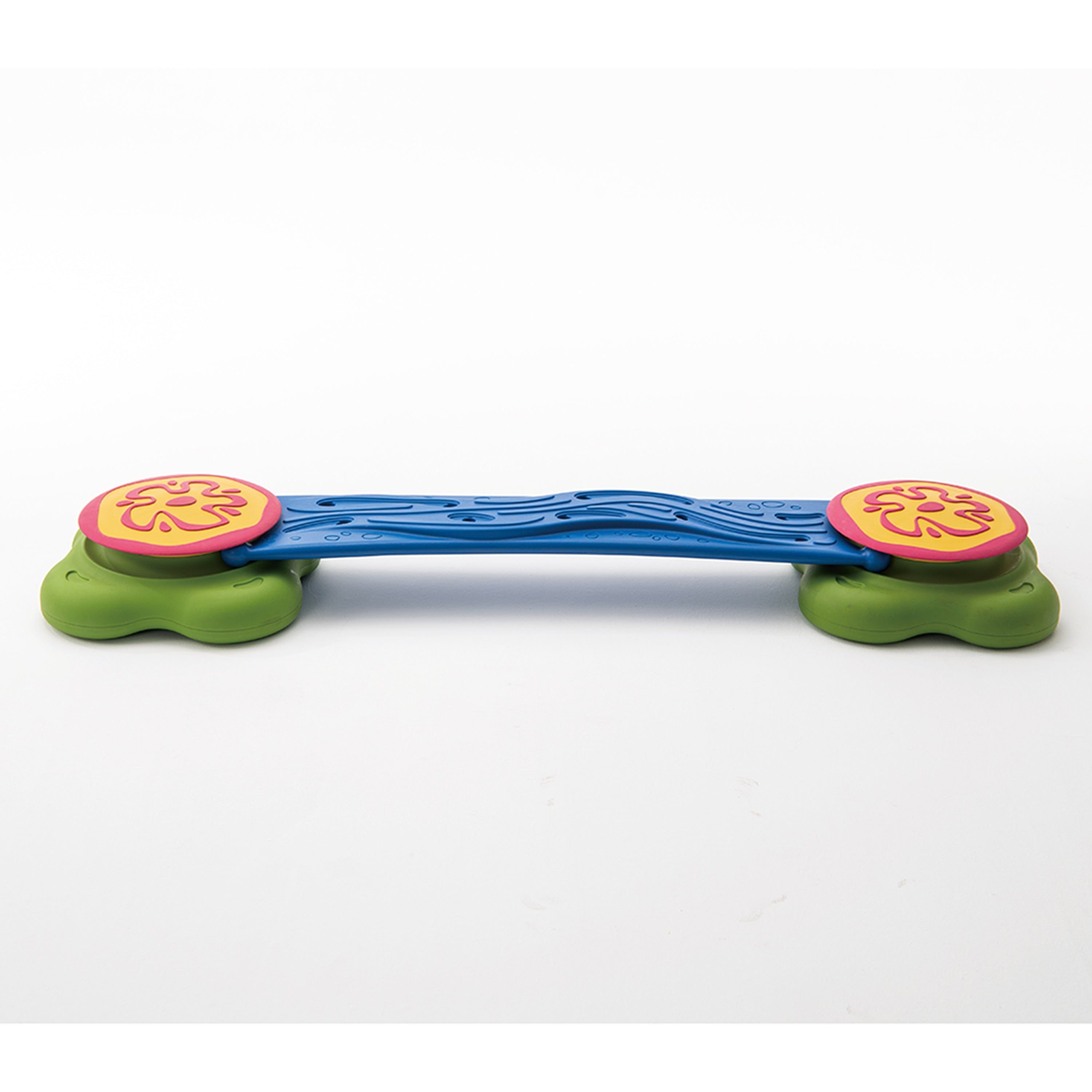 Colorful toy with a blue handle and pink circular ends on a white background