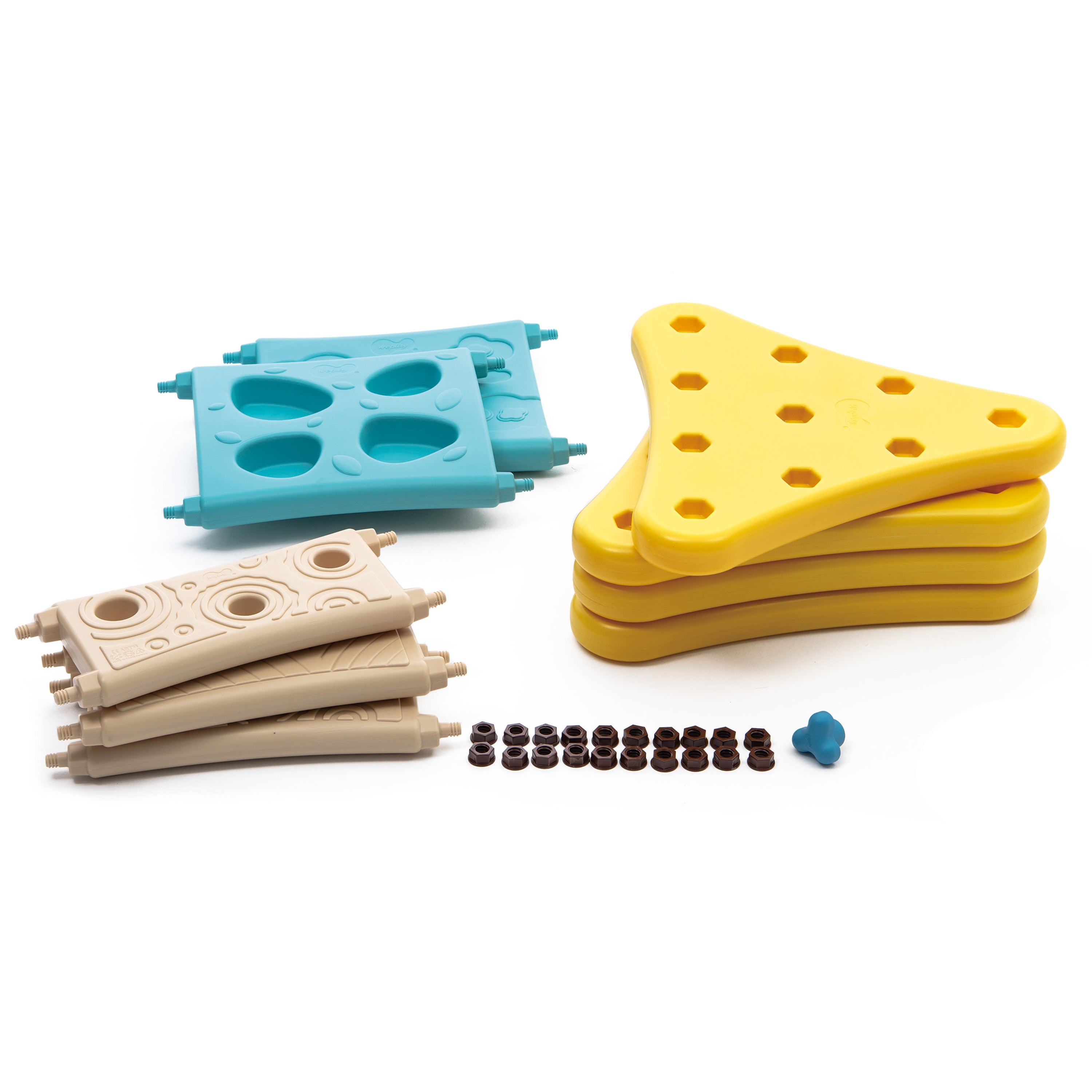 Colorful plastic building components on a white background