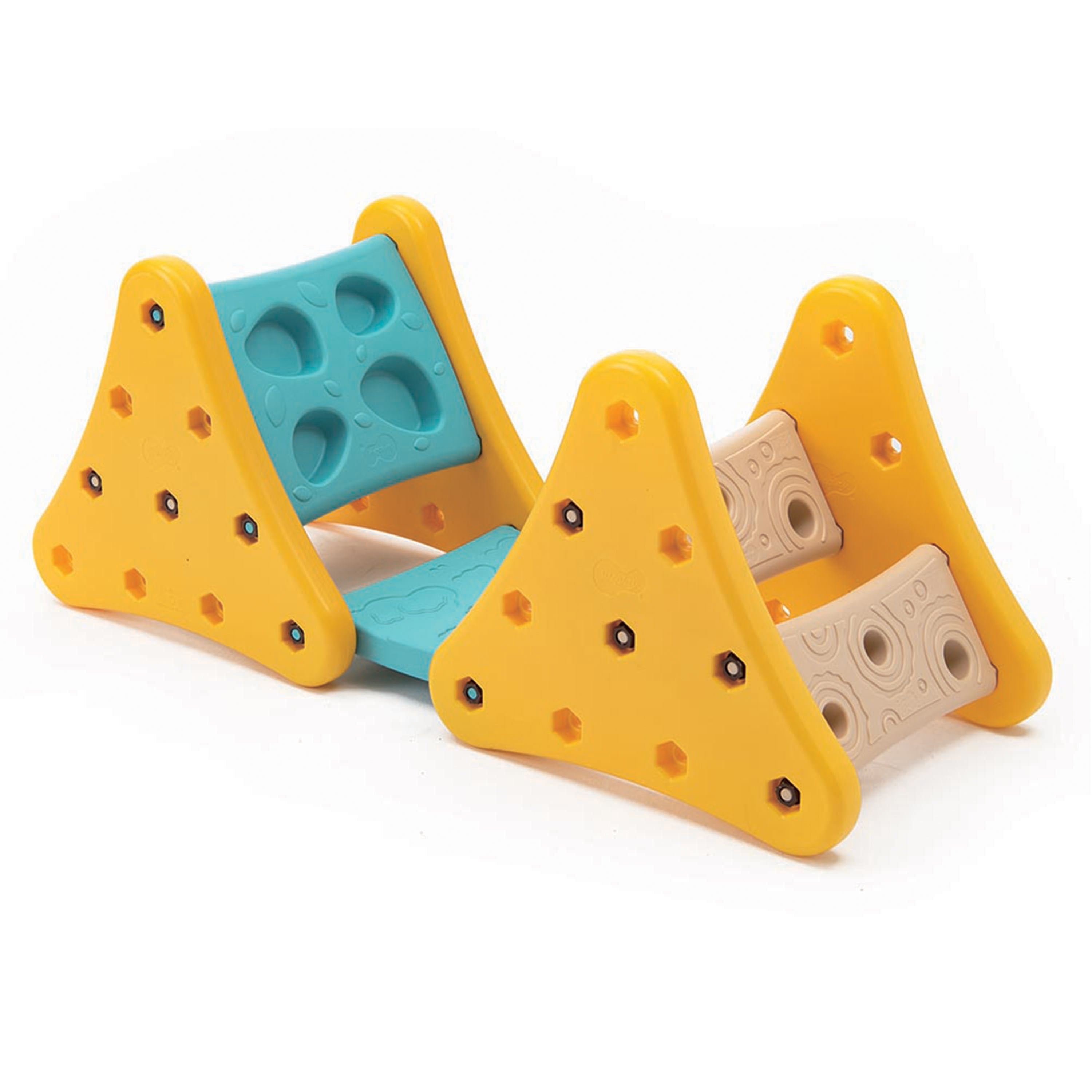 Colorful plastic toy with geometric shapes on a white background
