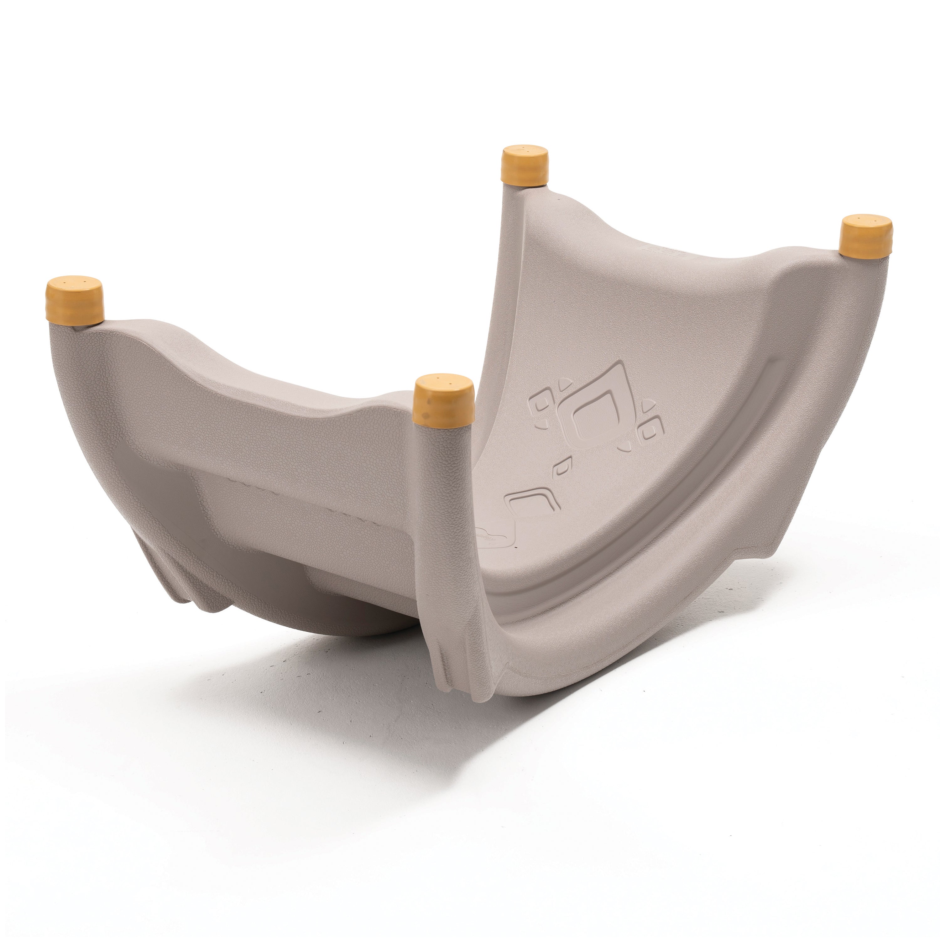 Children's toy rocking boat with yellow knobs on a white background