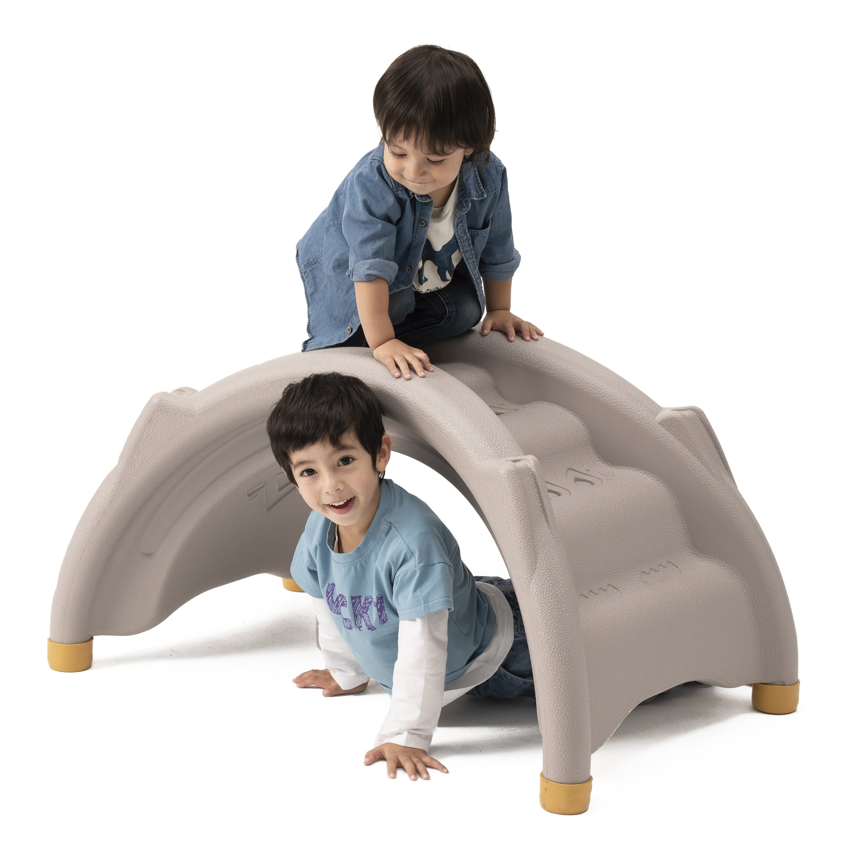 Two children playing on a beige playground arch with a white background