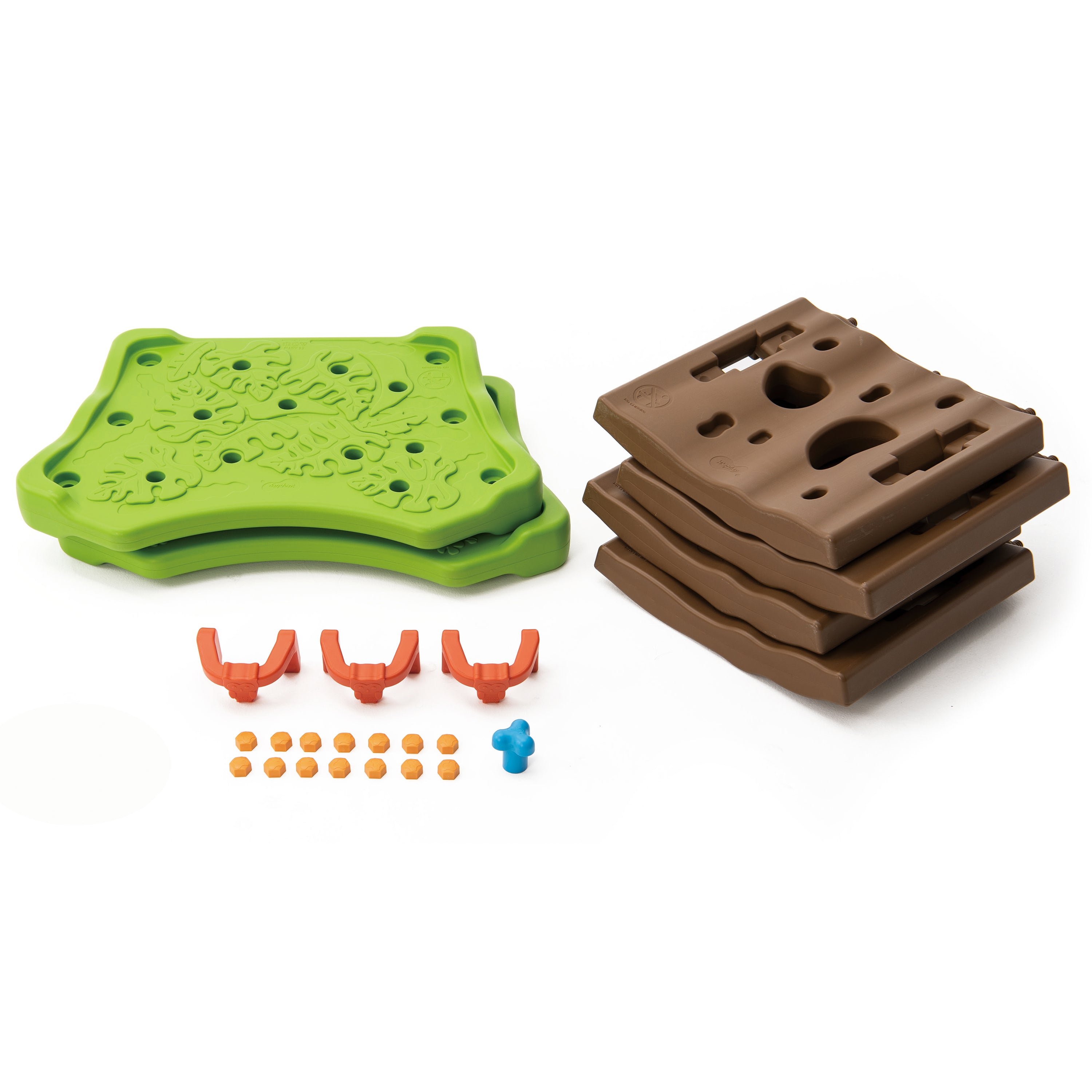 Set of green and brown plastic components on a white background