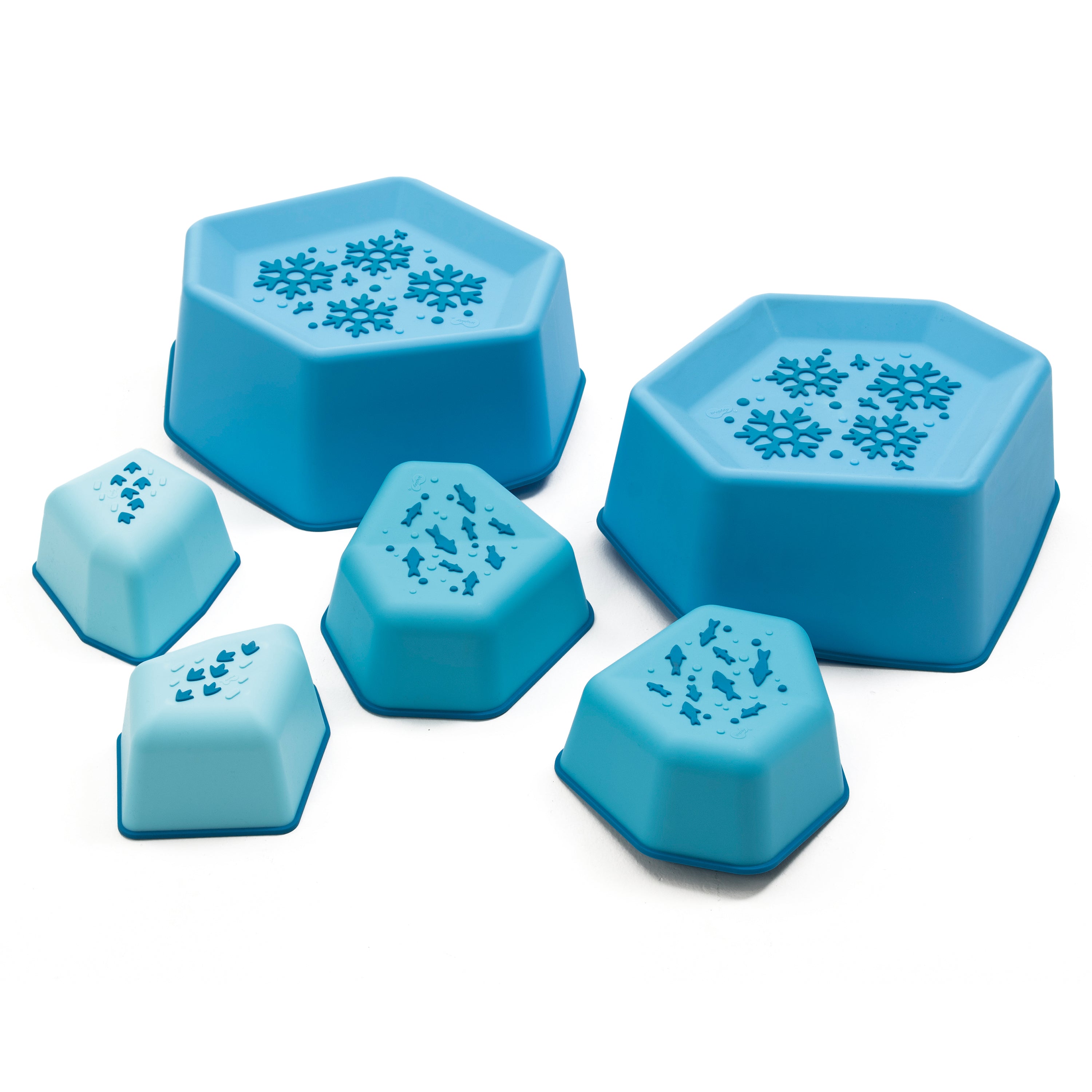 Blue stepping stones with different designs on a white background