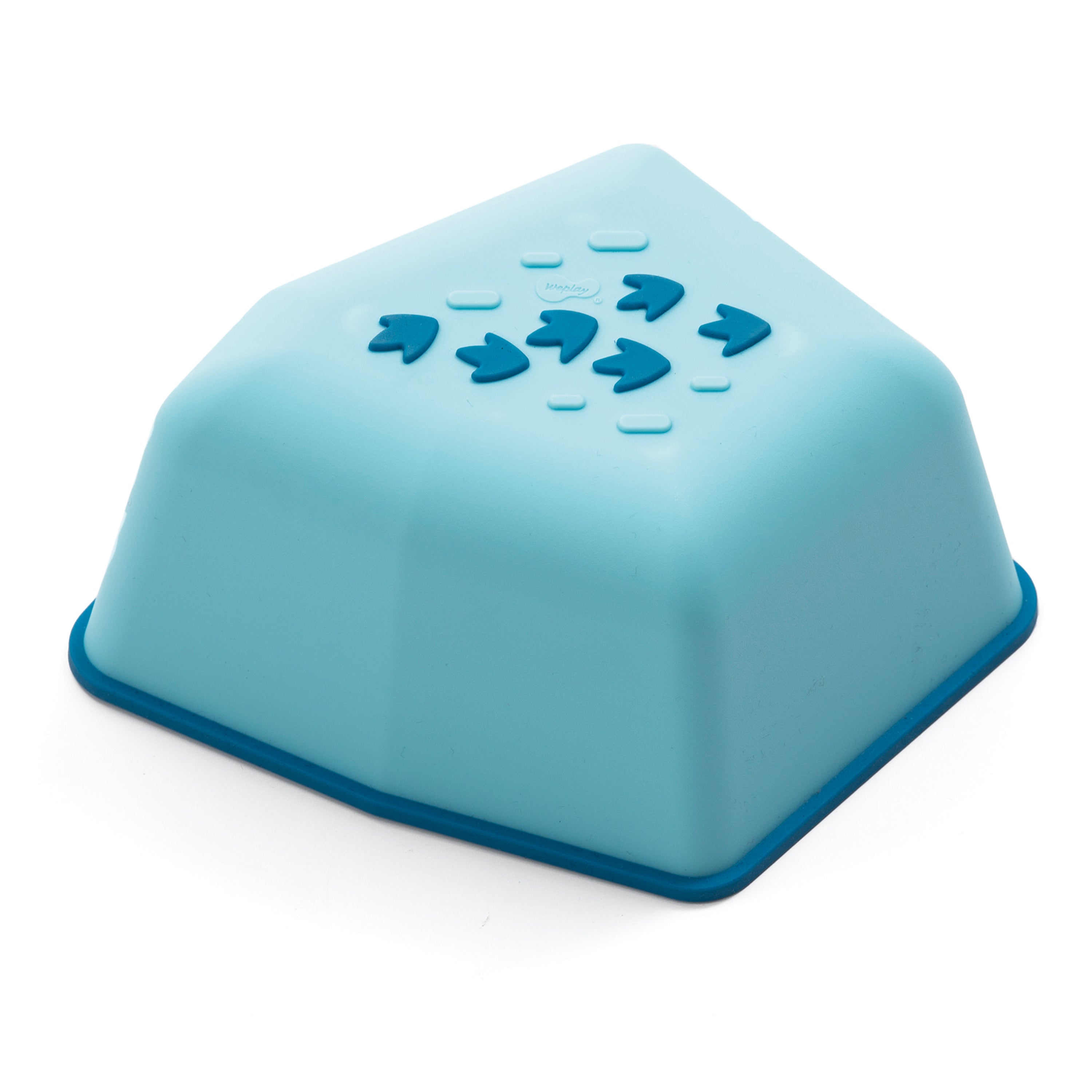 Blue stepping stone with etched sensory shapes on a white background