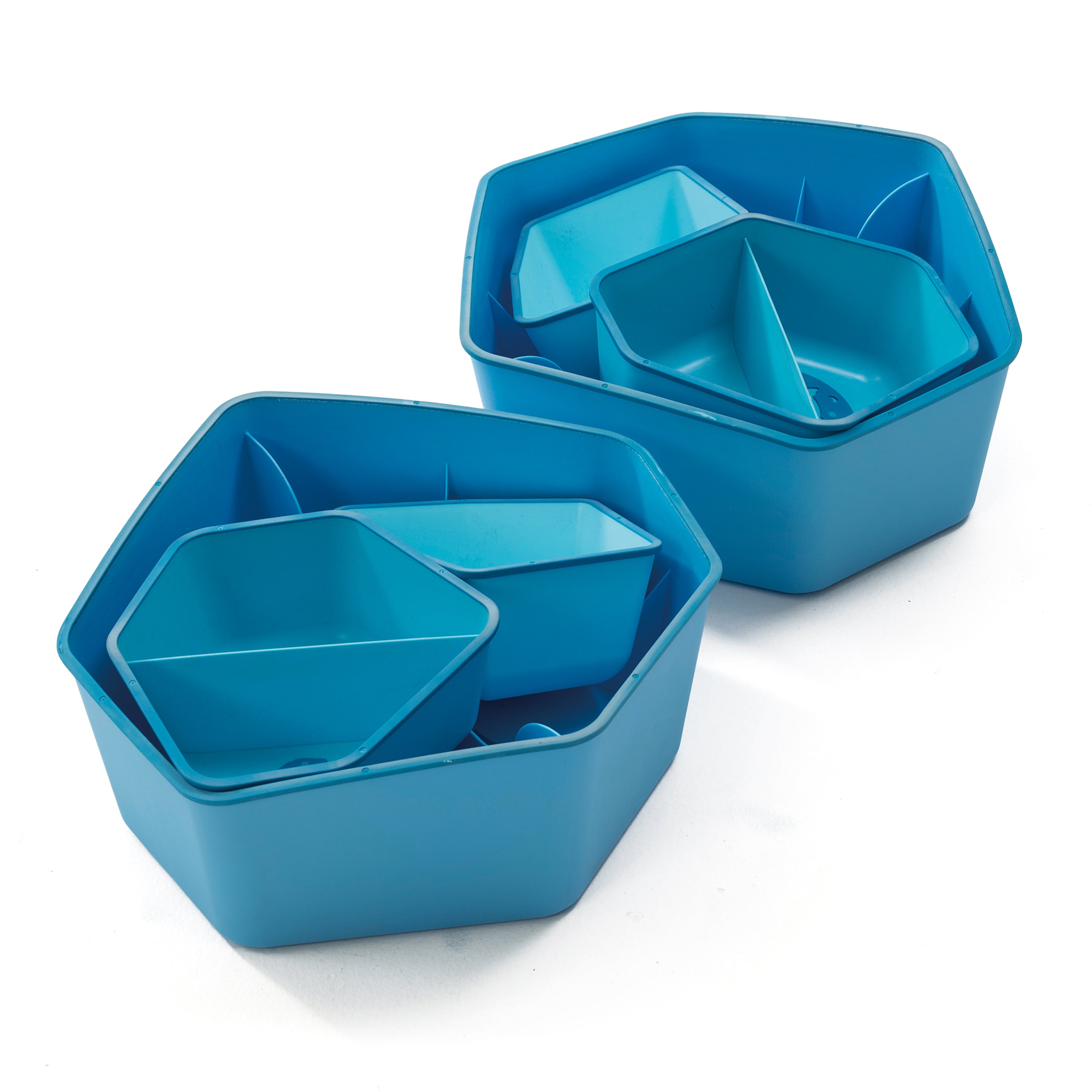 Set of two blue geometrically shaped containers on a white background