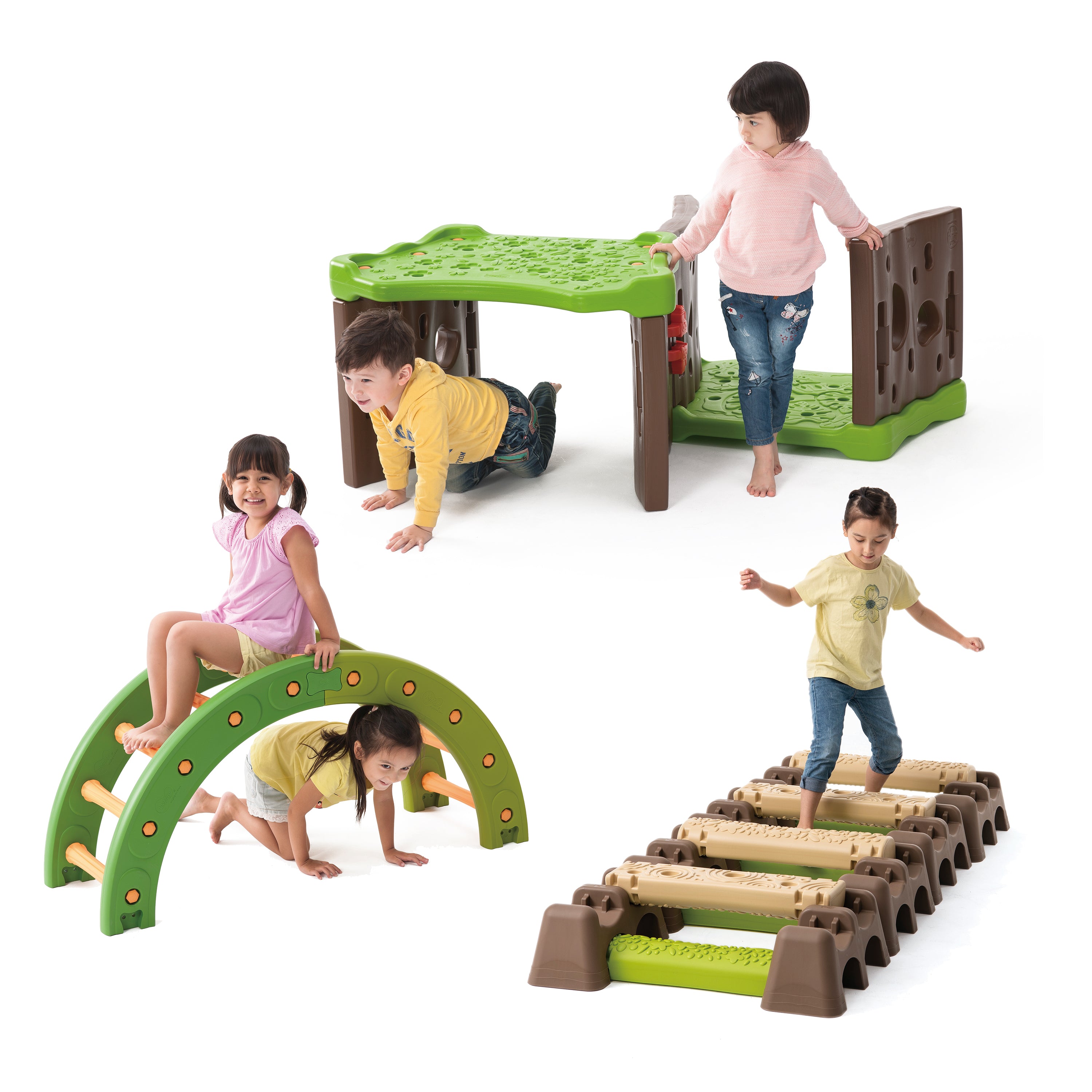 Children playing with a green and brown playset on a white background
