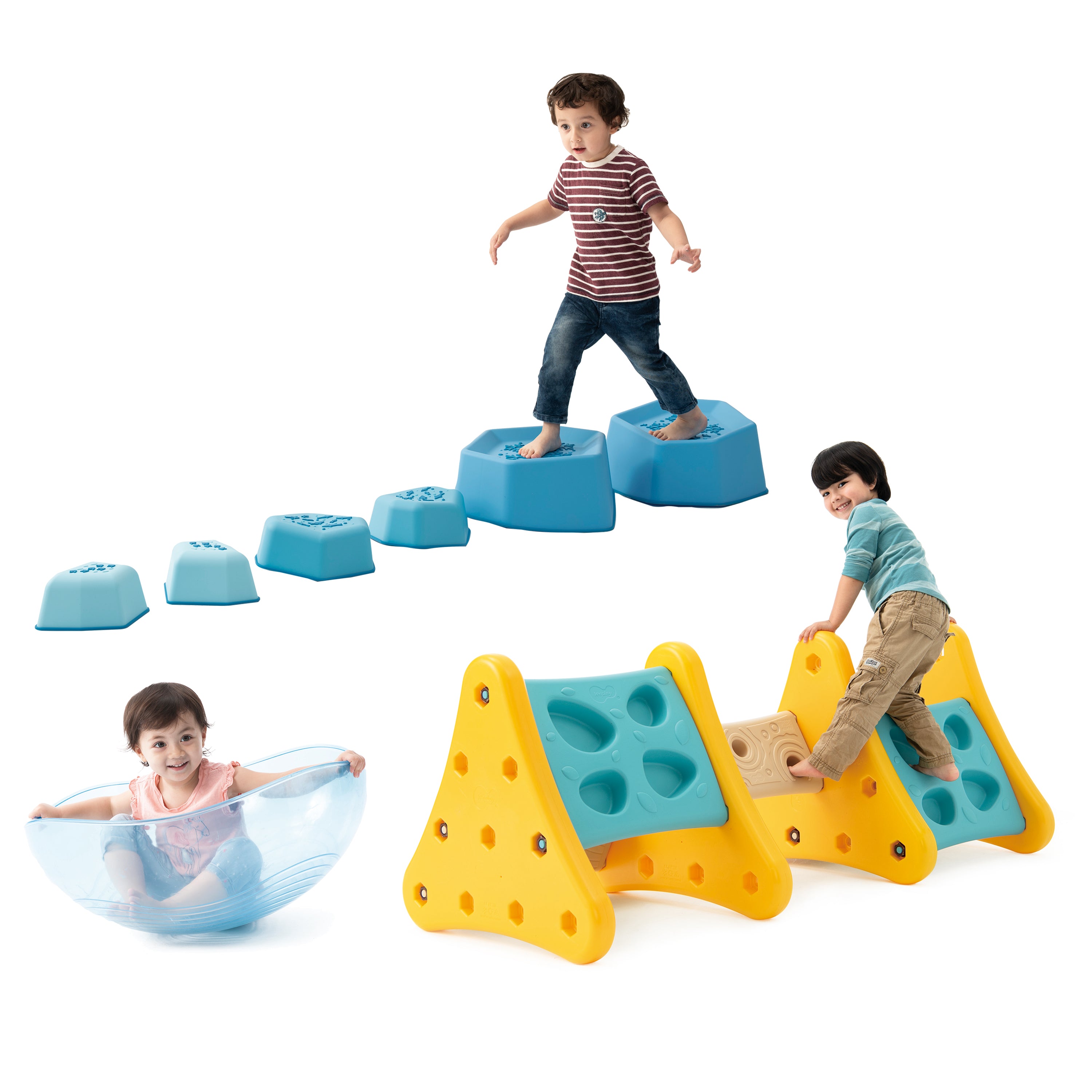 Children playing with colorful playground equipment on a white background