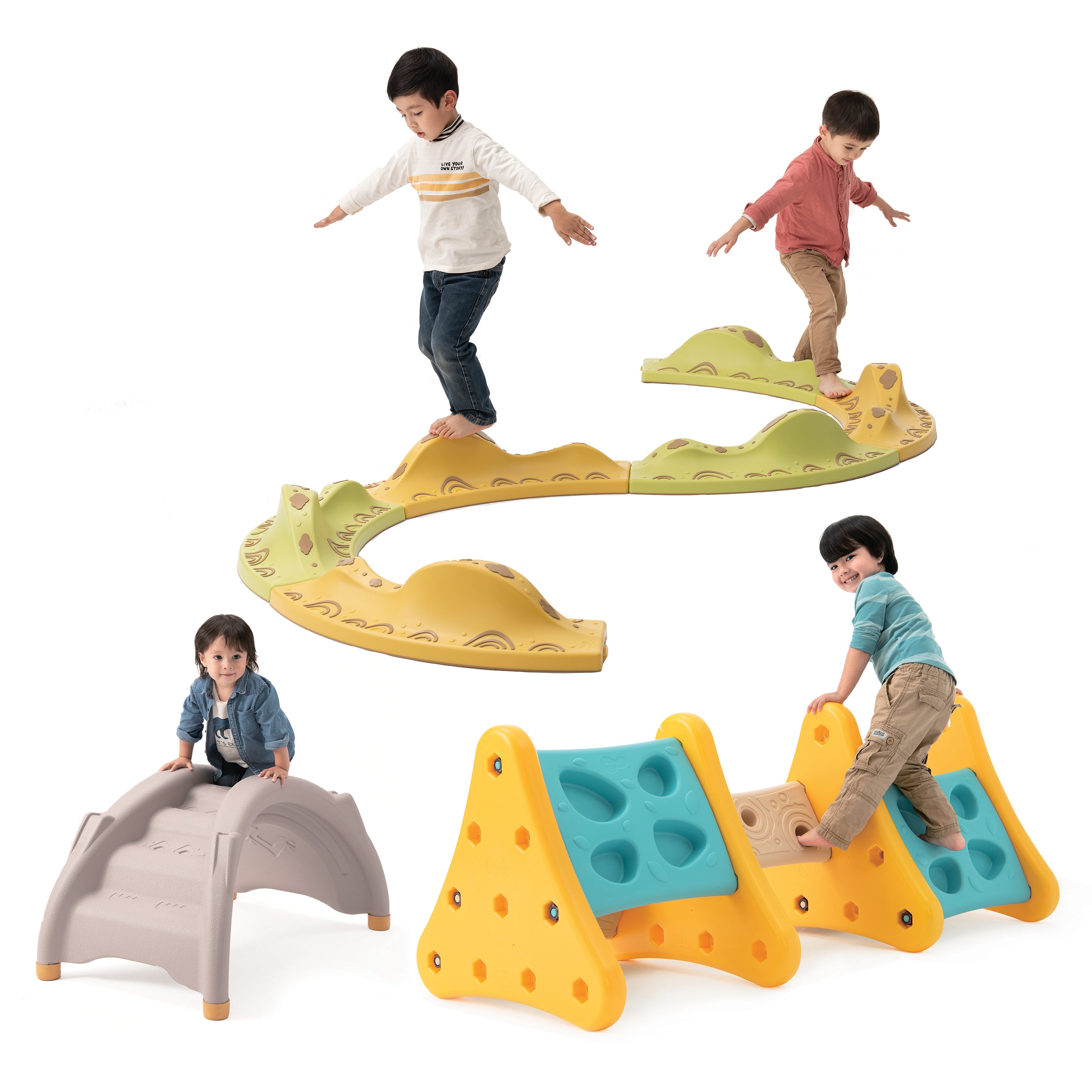 Children playing on a set of colorful climbing toys on a white background