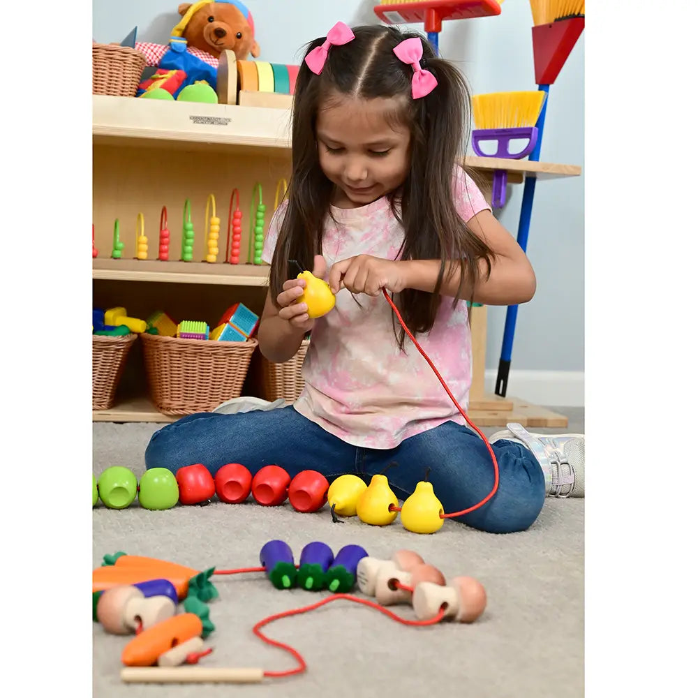 Threading Fruits & Vegetables in Classroom