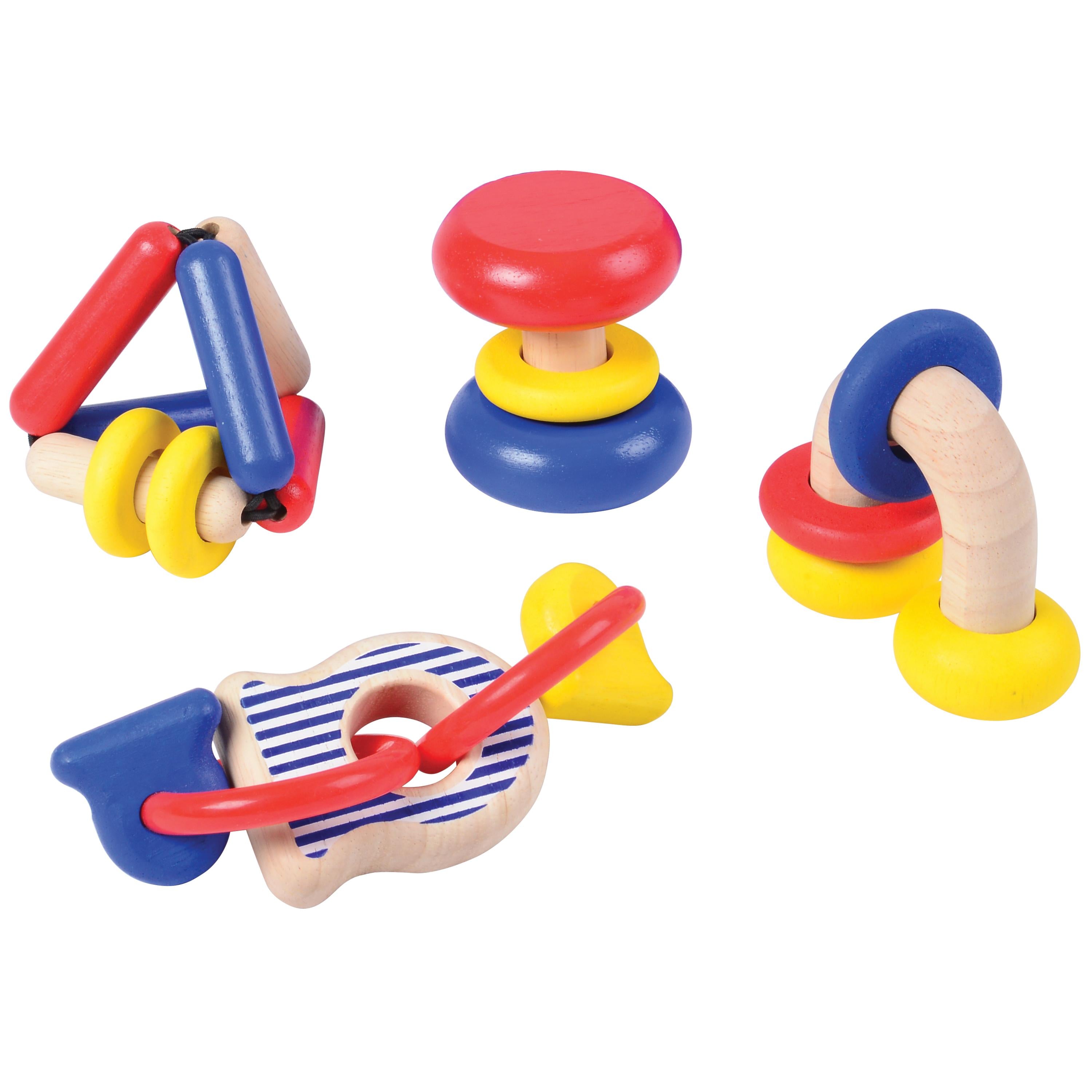 Colorful wooden baby toy set on a white background