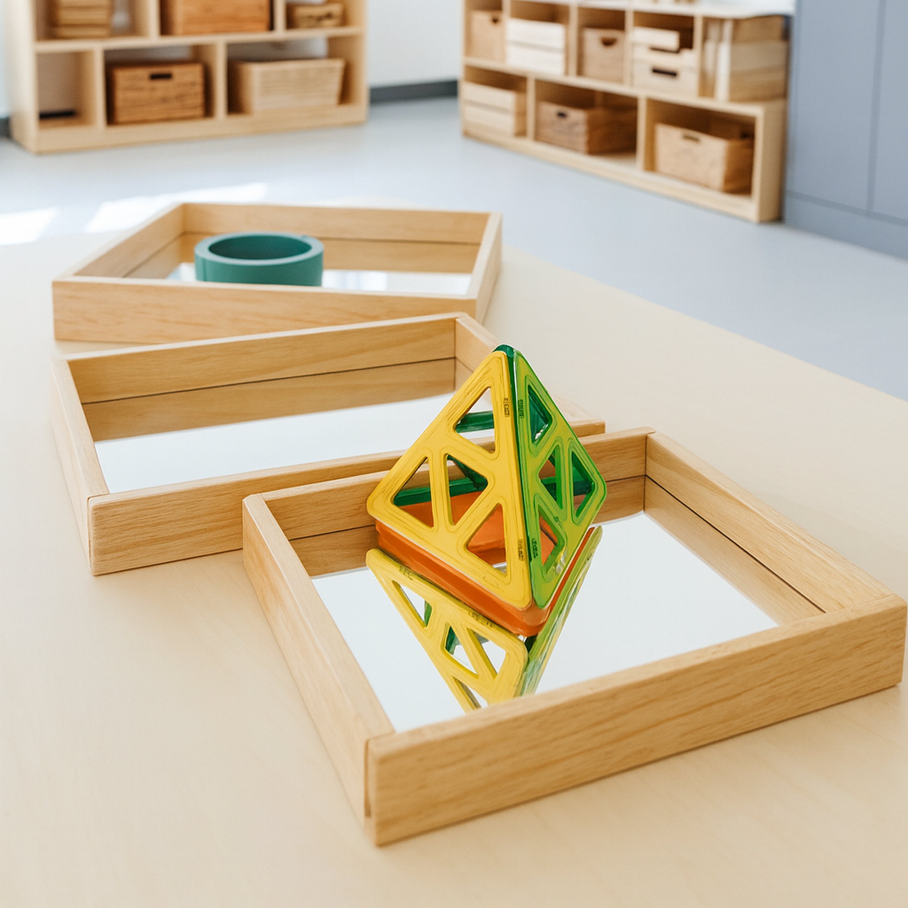 Reflective Observation Trays | Set of 3 Double-Sided Mirrored Wooden Trays for Exploring Light, Shadows & Structures