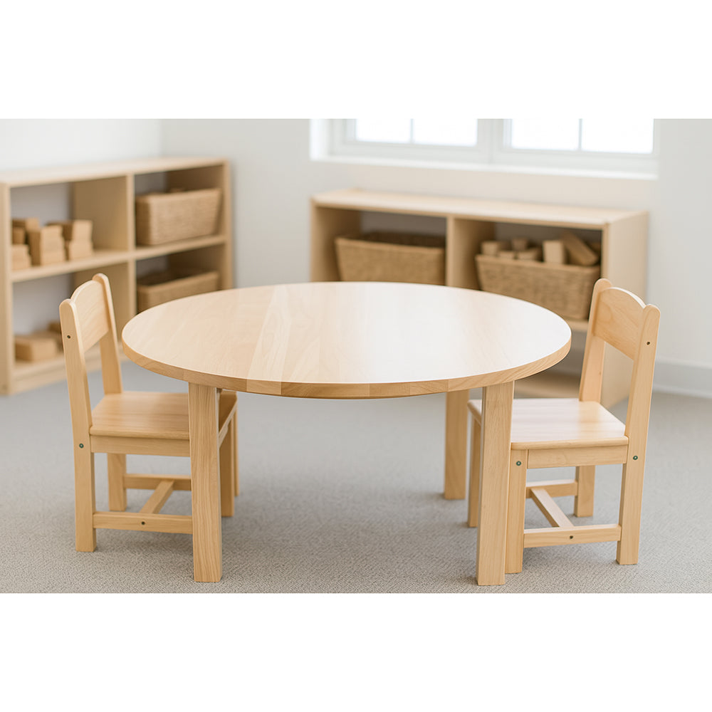 Wooden table with chairs in a classroom setting