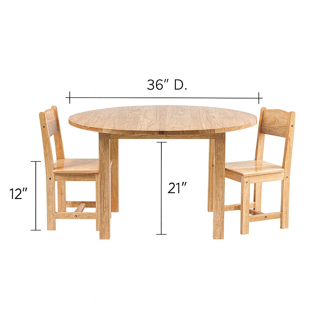 Wooden table with two chairs and dimensions labeled on a white background