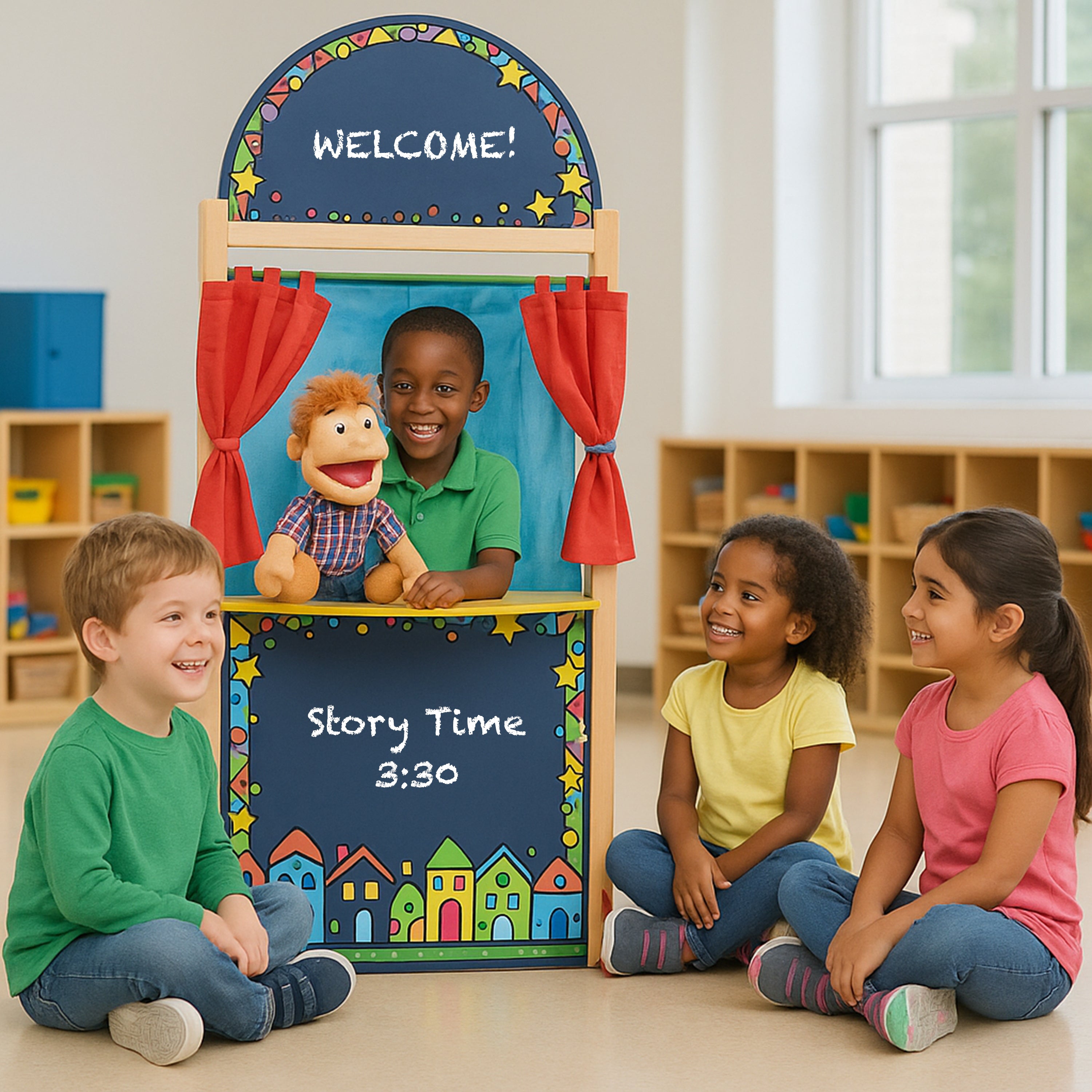 Wooden Puppet Theater with Pullback Curtain