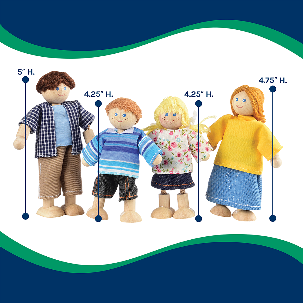 Four toy figures with height measurements on a white background