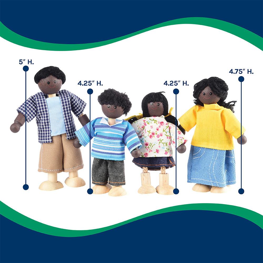 Four dolls of different heights with measurement indicators on a white background