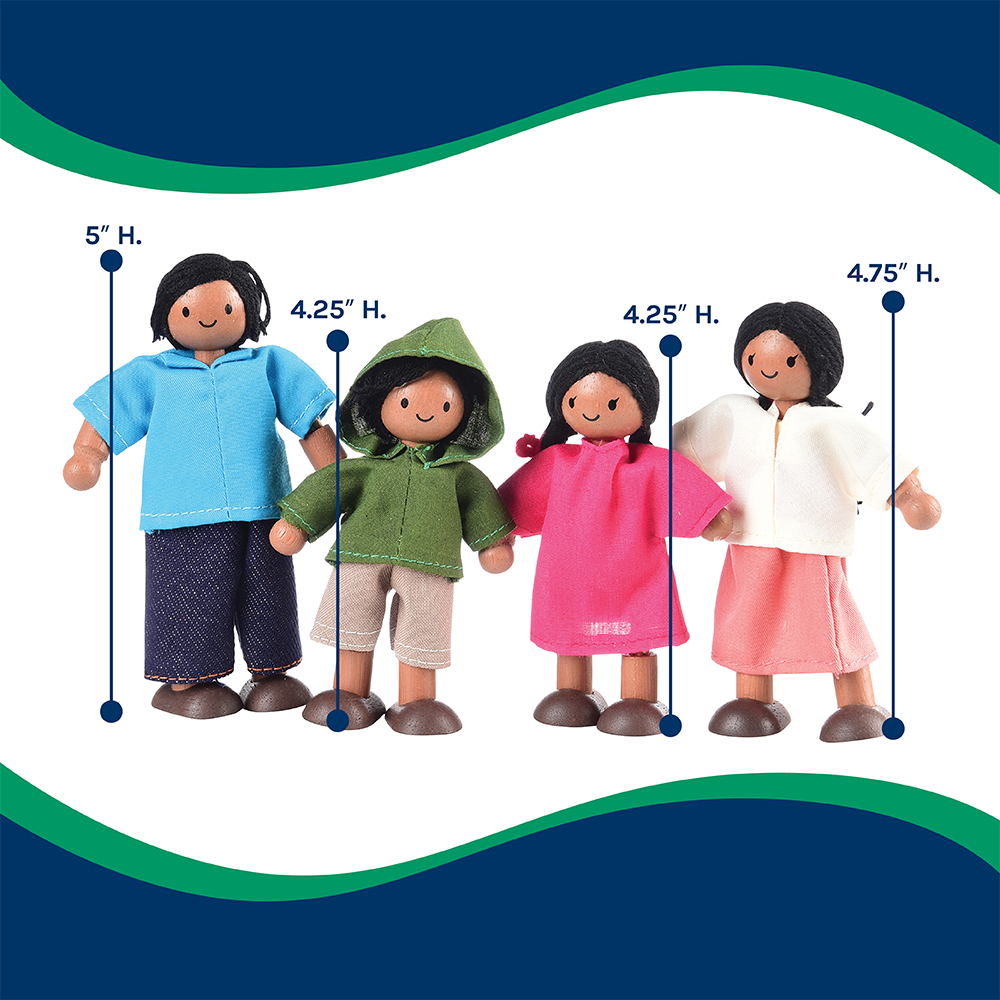 Four dolls with height measurements on a white background