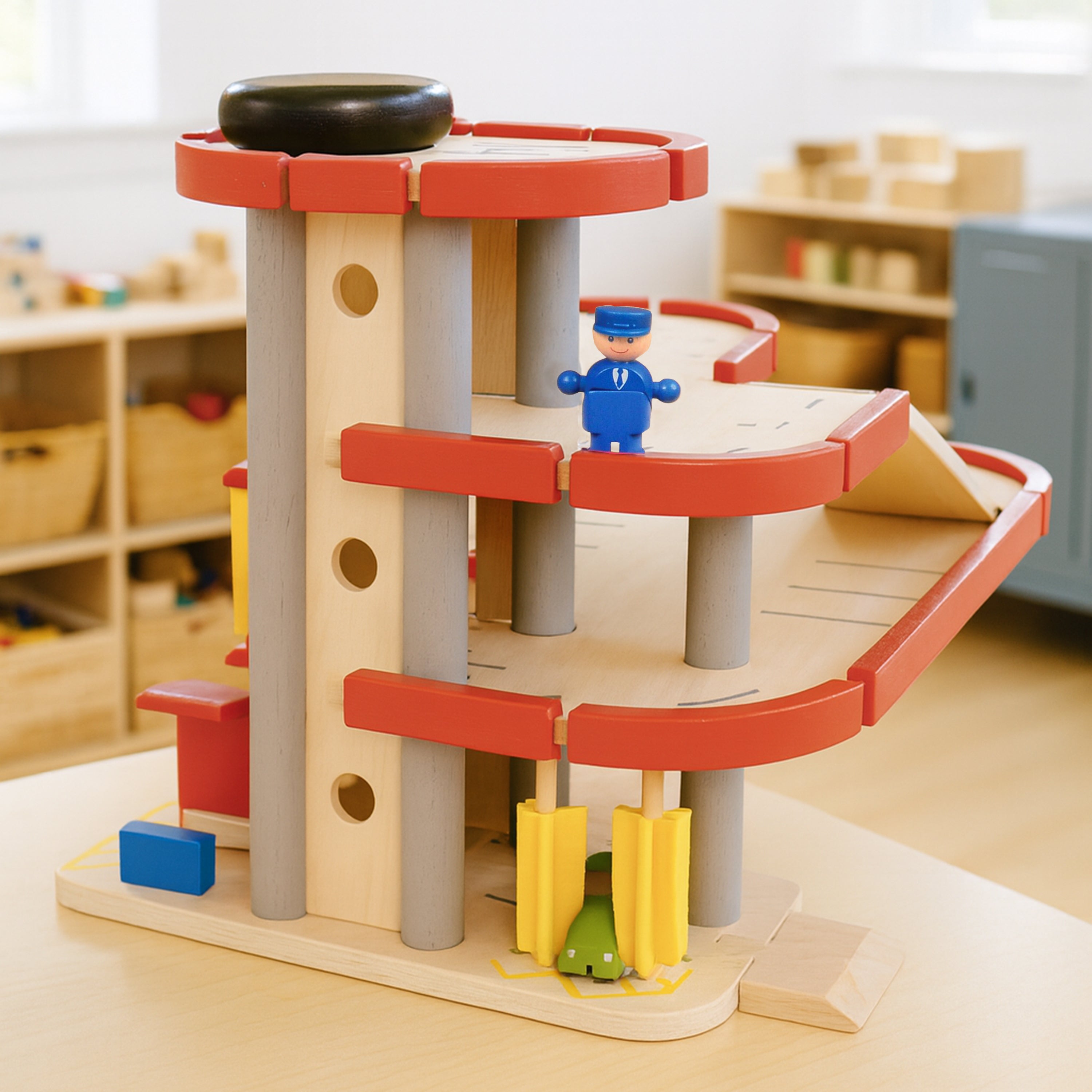 Wooden 3-Level Parking Garage Playset | Car, Ramps, Elevator & Attendant Booth