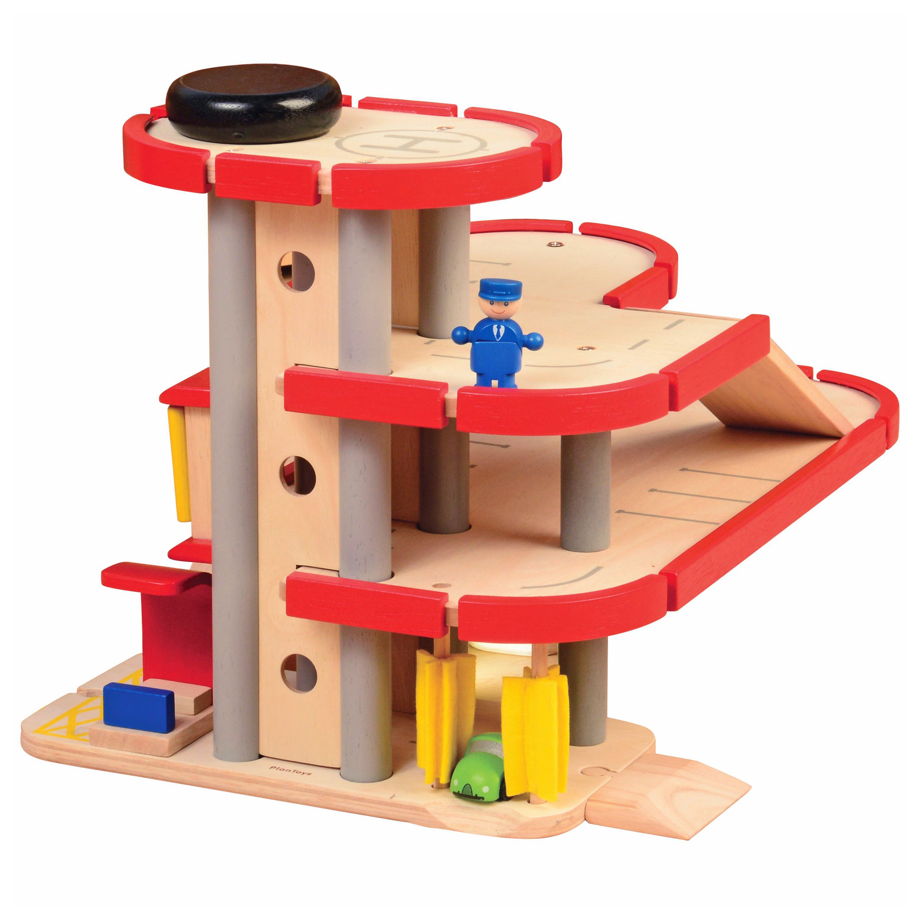 Wooden toy with red accents and colorful components on a white background