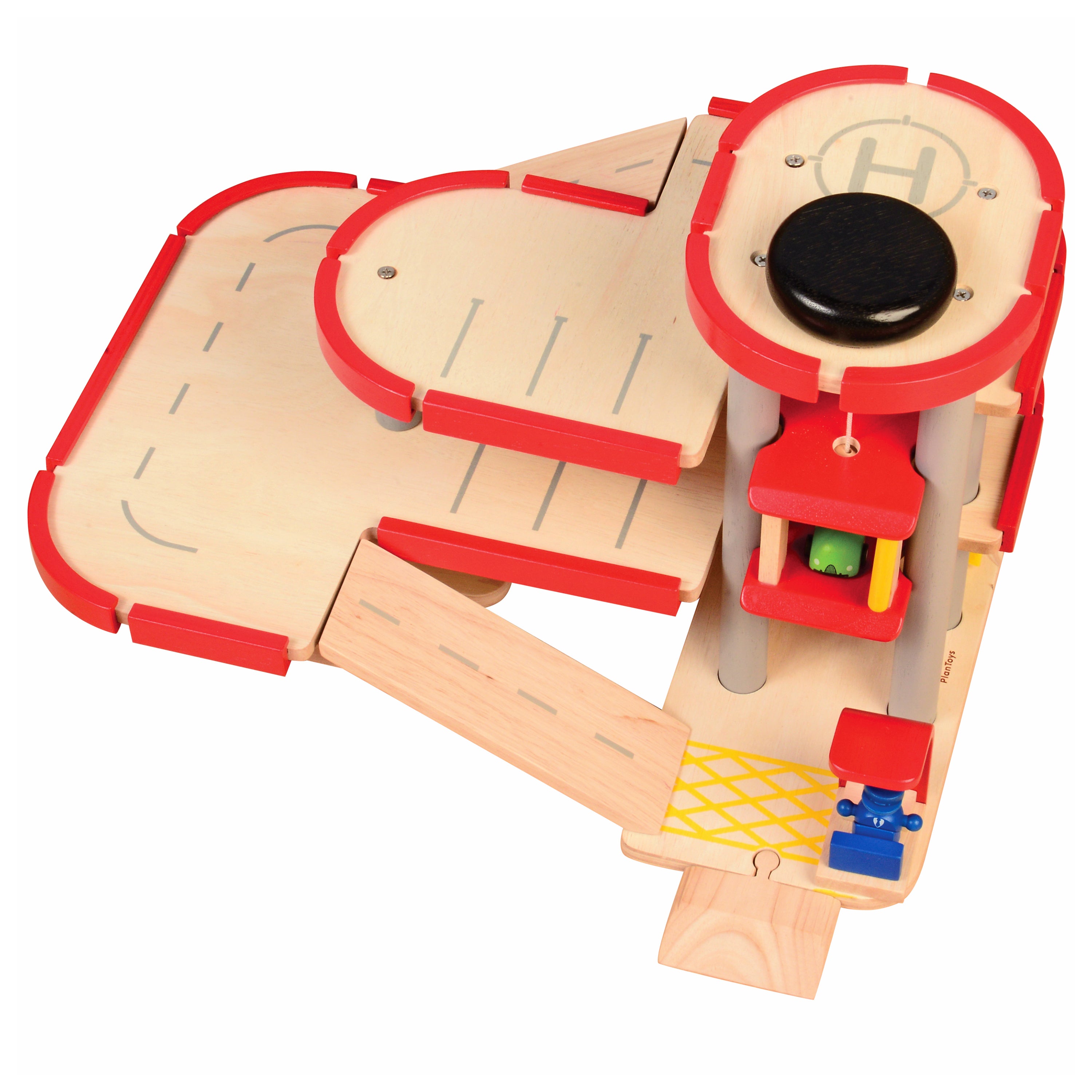 Wooden toy track with red and beige sections on a white background