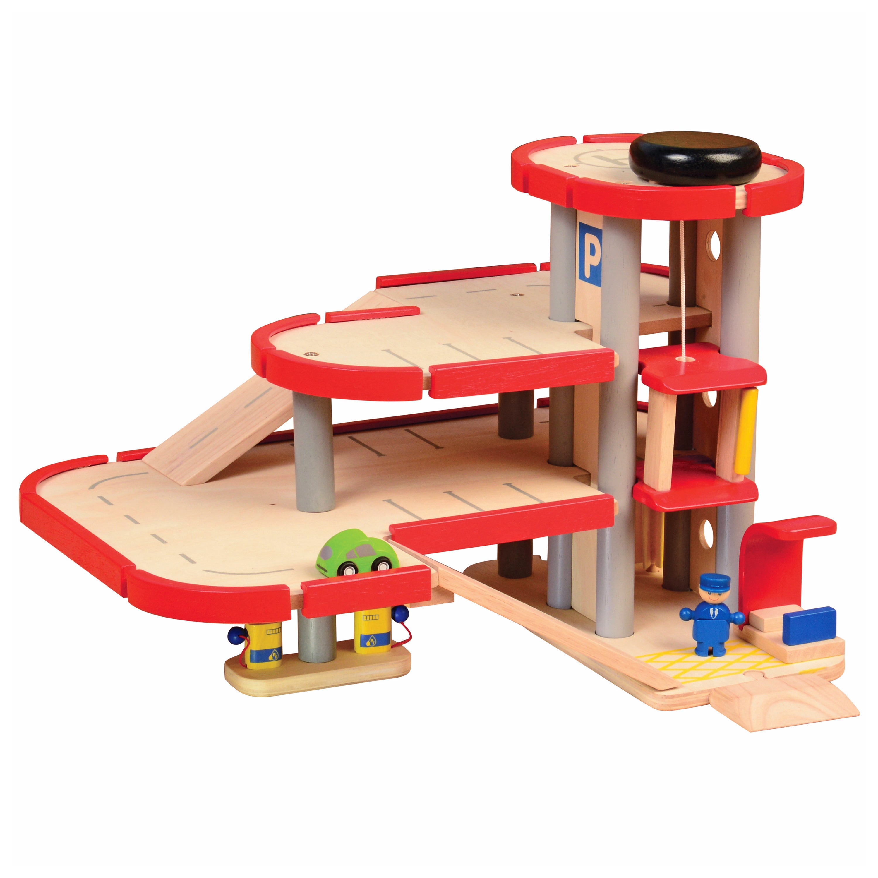 Toy parking garage with red accents and small figures on a white background