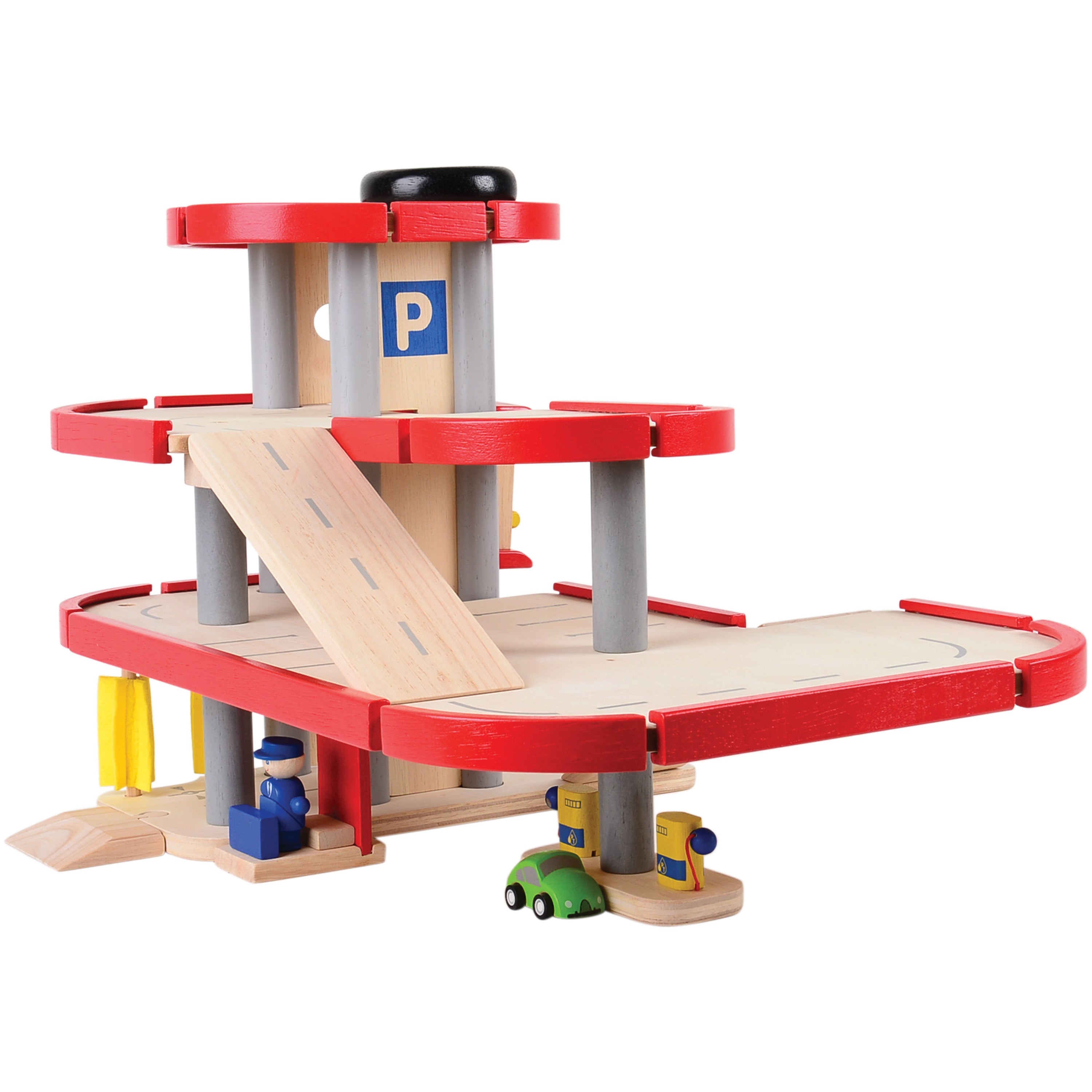 Wooden toy car garage with red platform and ramp on a white background