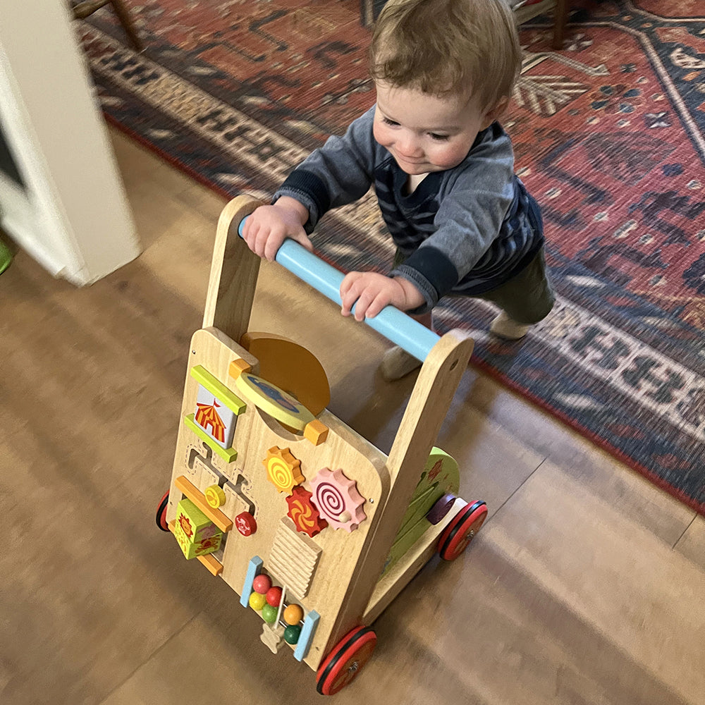 Solid Wood Activity Walker | Sensory Exploration with Spinning Mirror & Gears & Mazes