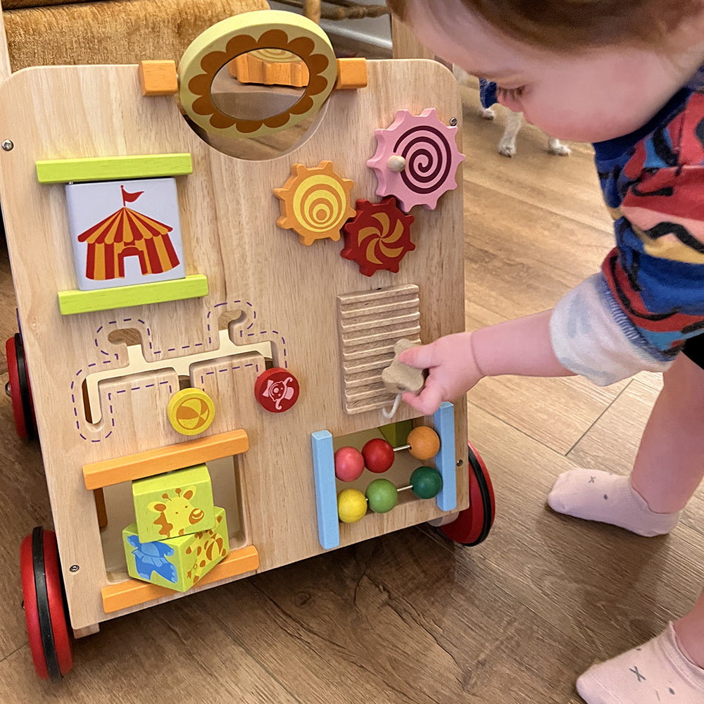 Solid Wood Activity Walker | Sensory Exploration with Spinning Mirror & Gears & Mazes