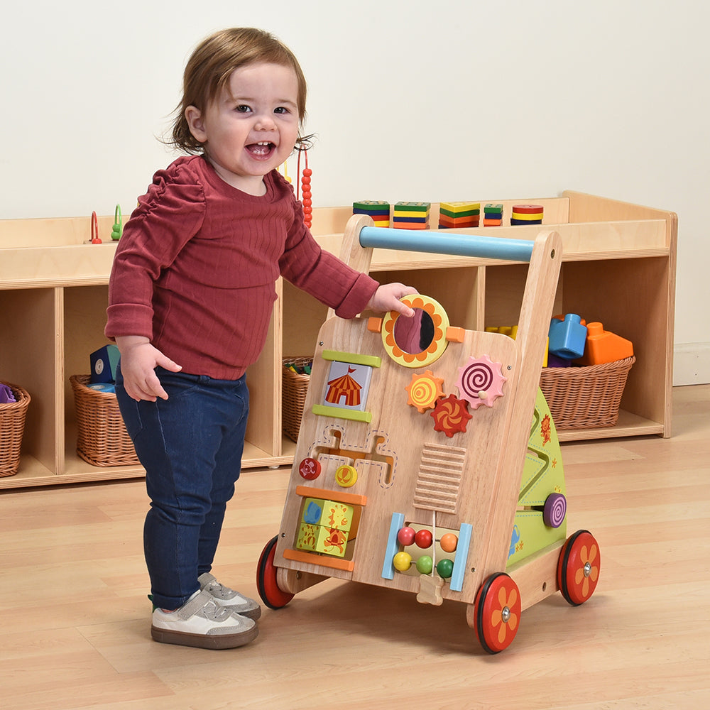 Toddler Interacting with Solid Wood Activity Walker