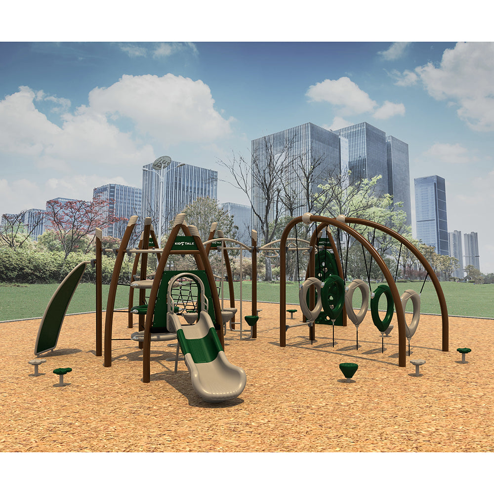 Falcon's Perch Ground-Based Obstacle Course Playground in Natural Colors Shown Outside