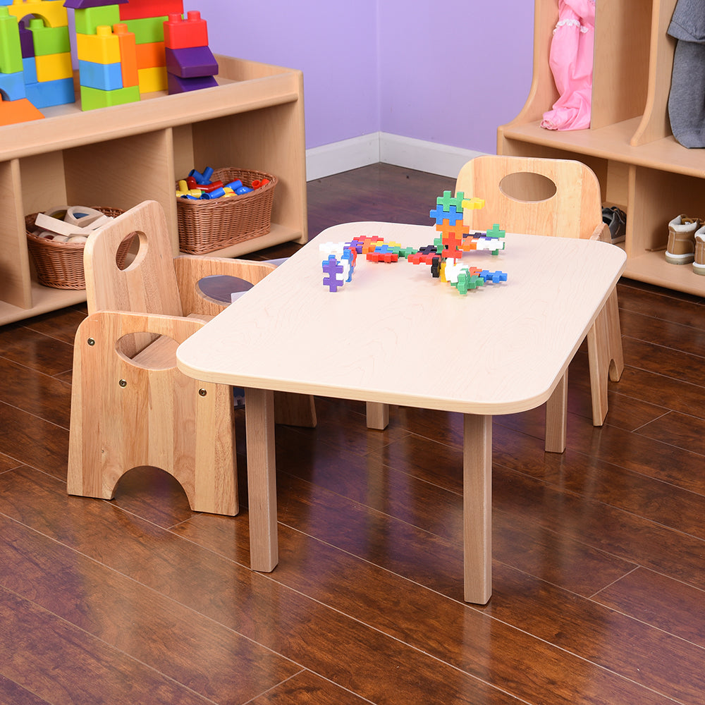 Classic Hardwood Toddler Table with Two Toddler Chairs in the Classroom