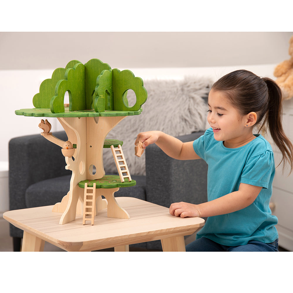 Pretend Playing with Wooden Animals in 3-Tier Woodland Treehouse