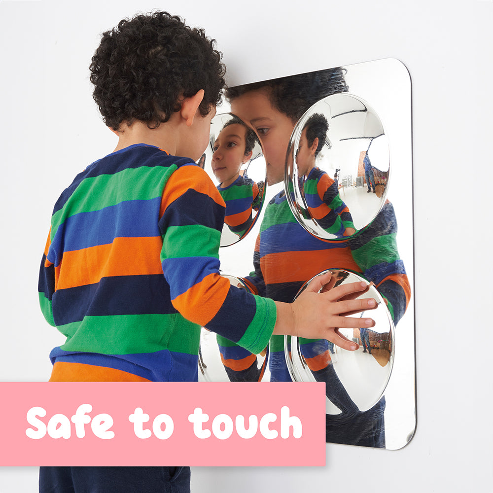 Acrylic Wall Bubble Dome Mirror Info Graph Stating It's Safe to Touch