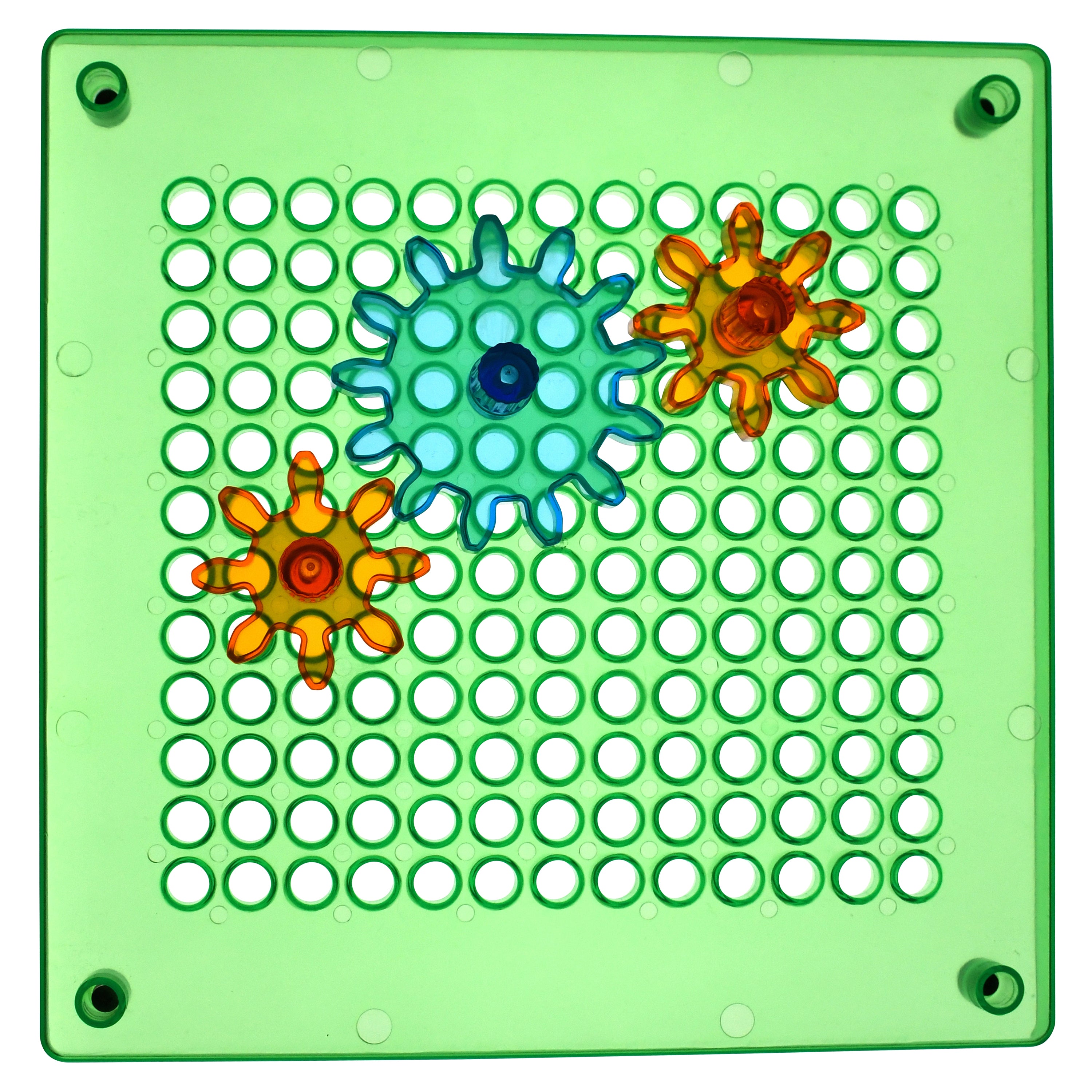 Colorful gears on a green grid background