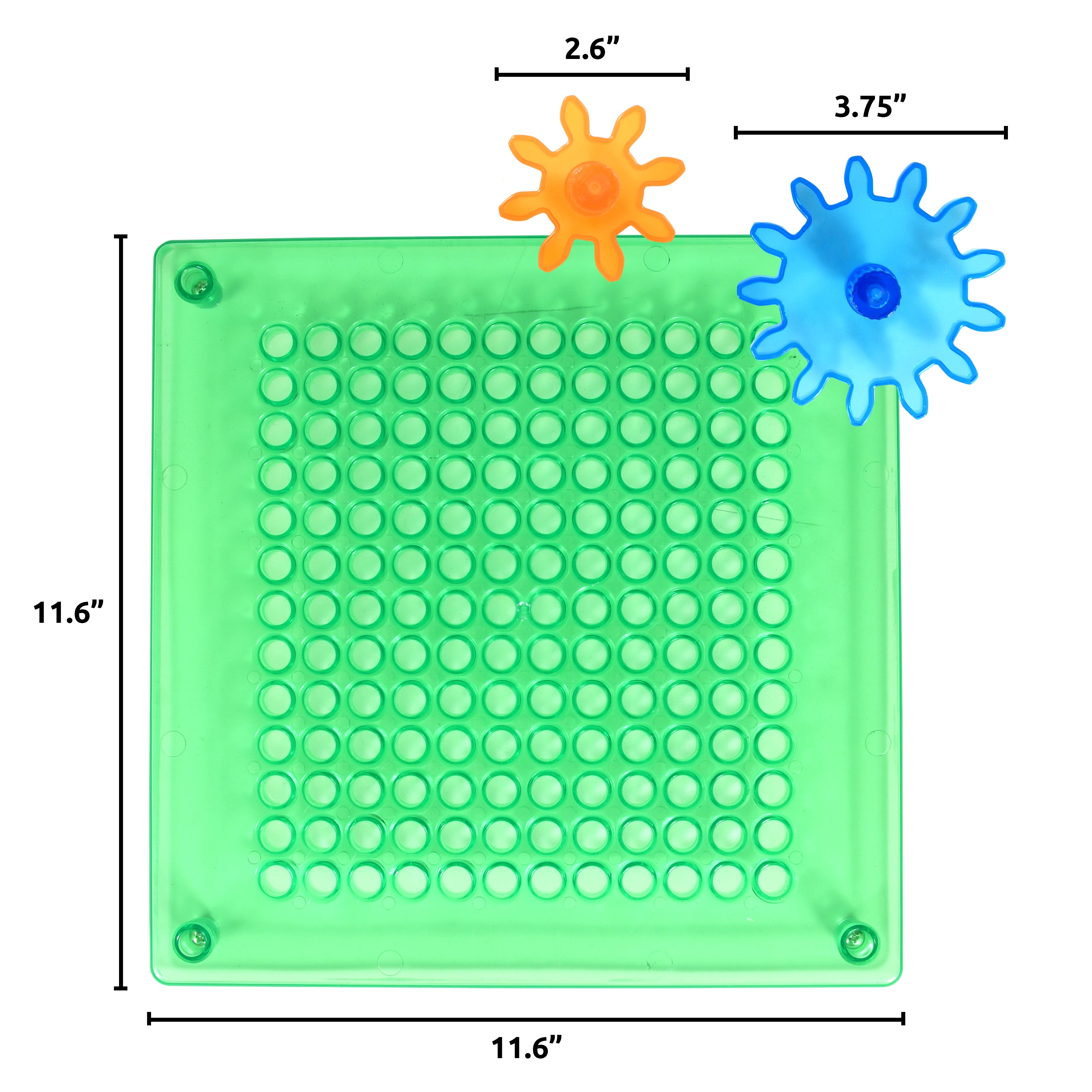 Green square mat with circular holes, measurements, and gears.
