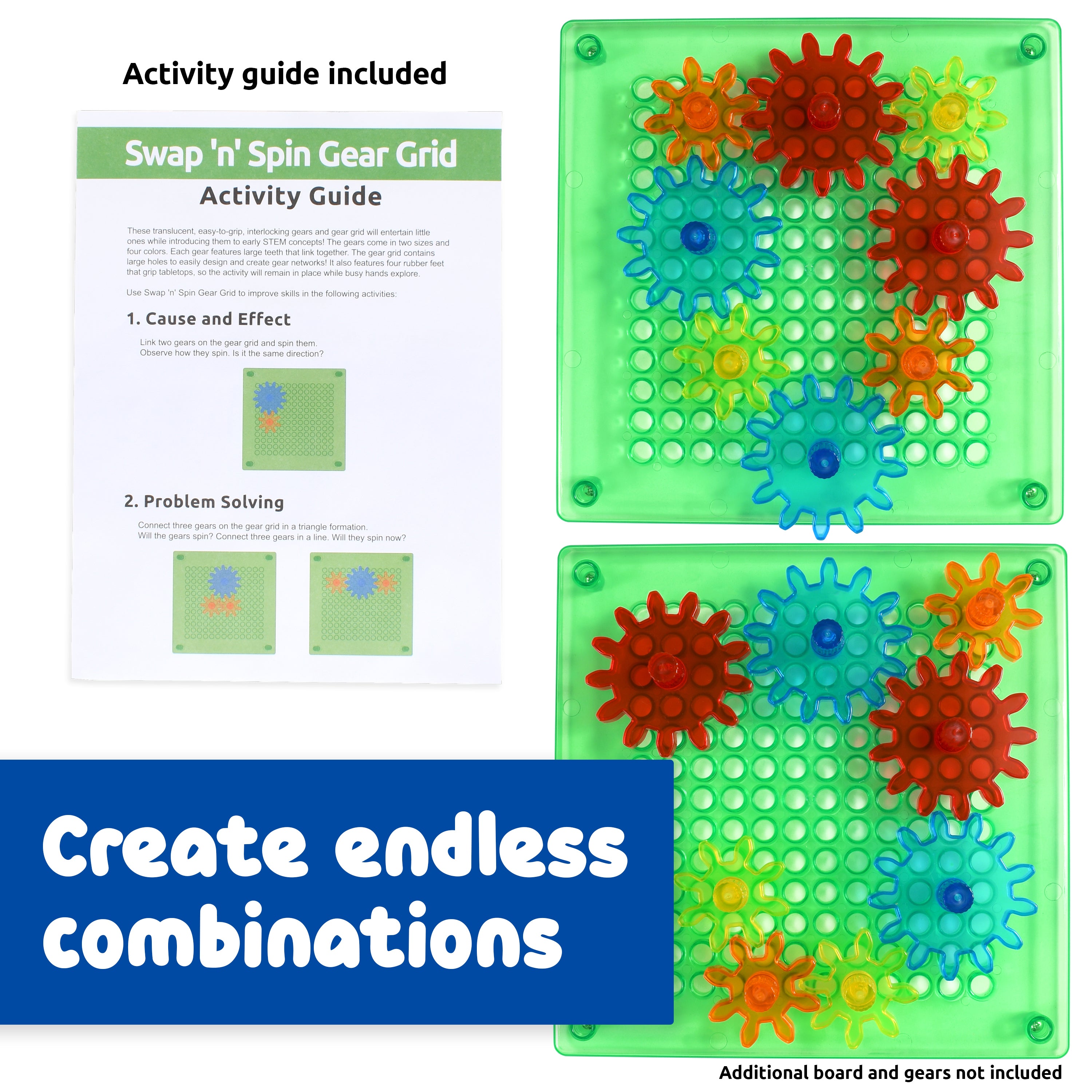 Colorful gear grid with activity guide on a white background