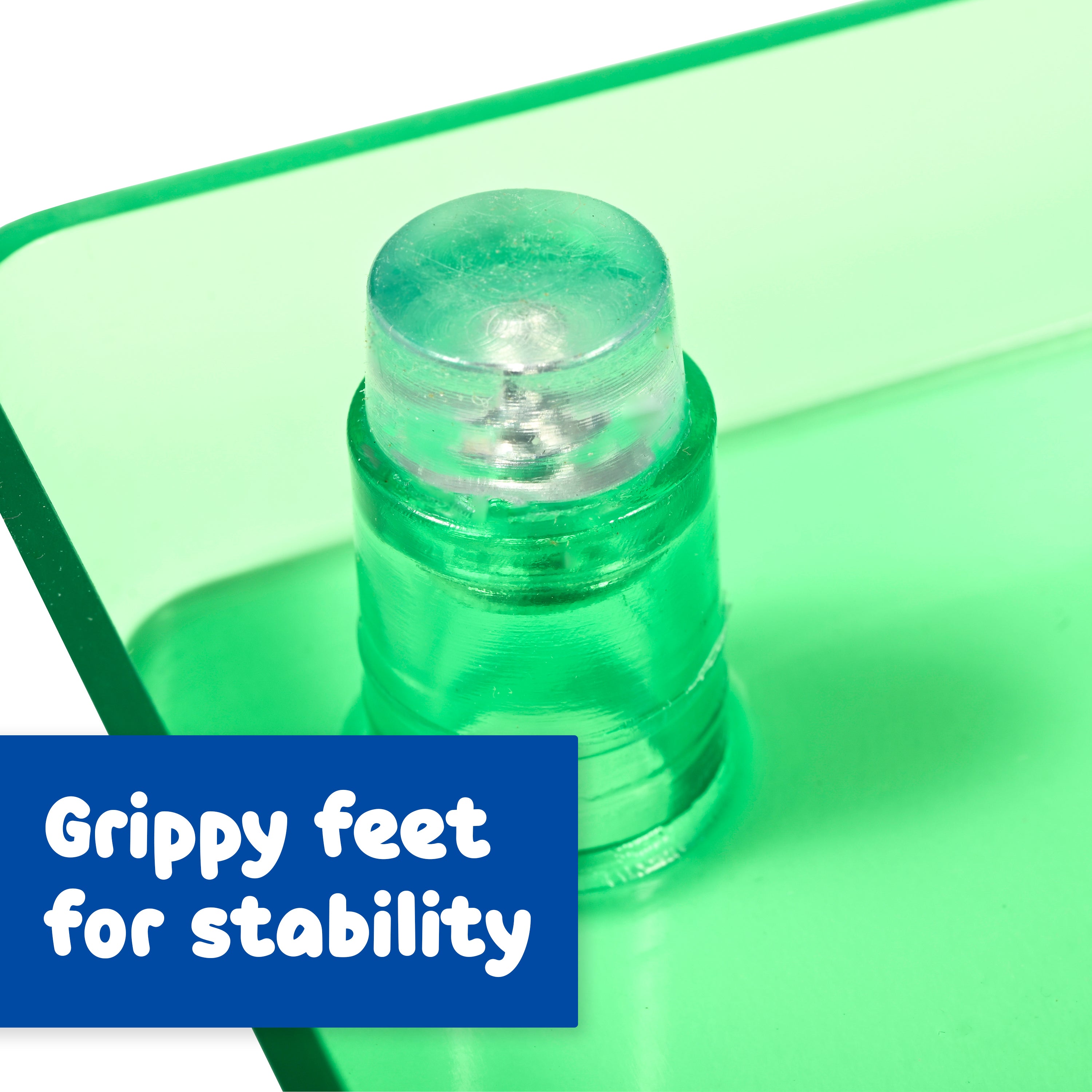 Green piece with text 'Grippy feet for stability' on a green background