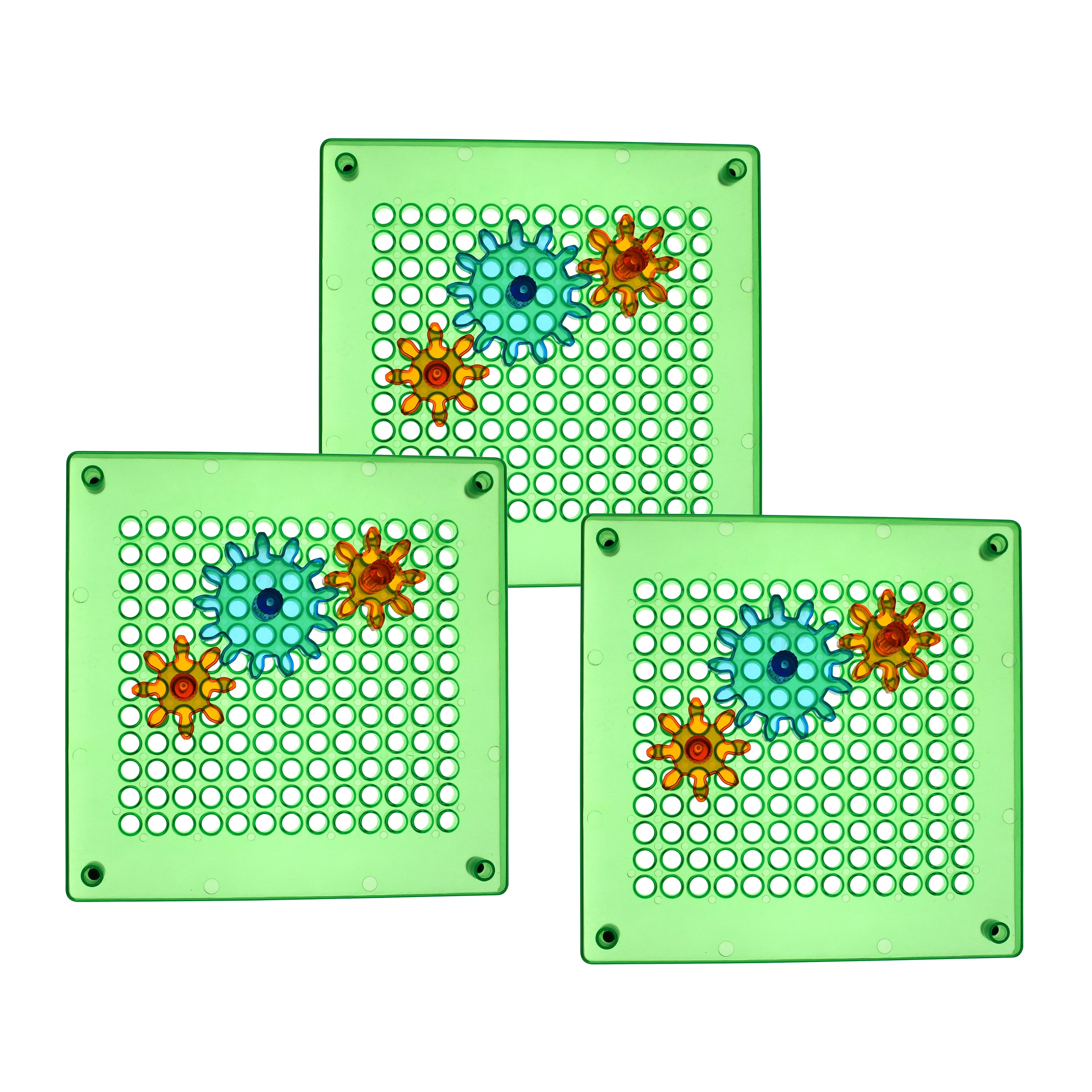 Three green perforated boards with colorful flower-like designs on a white background