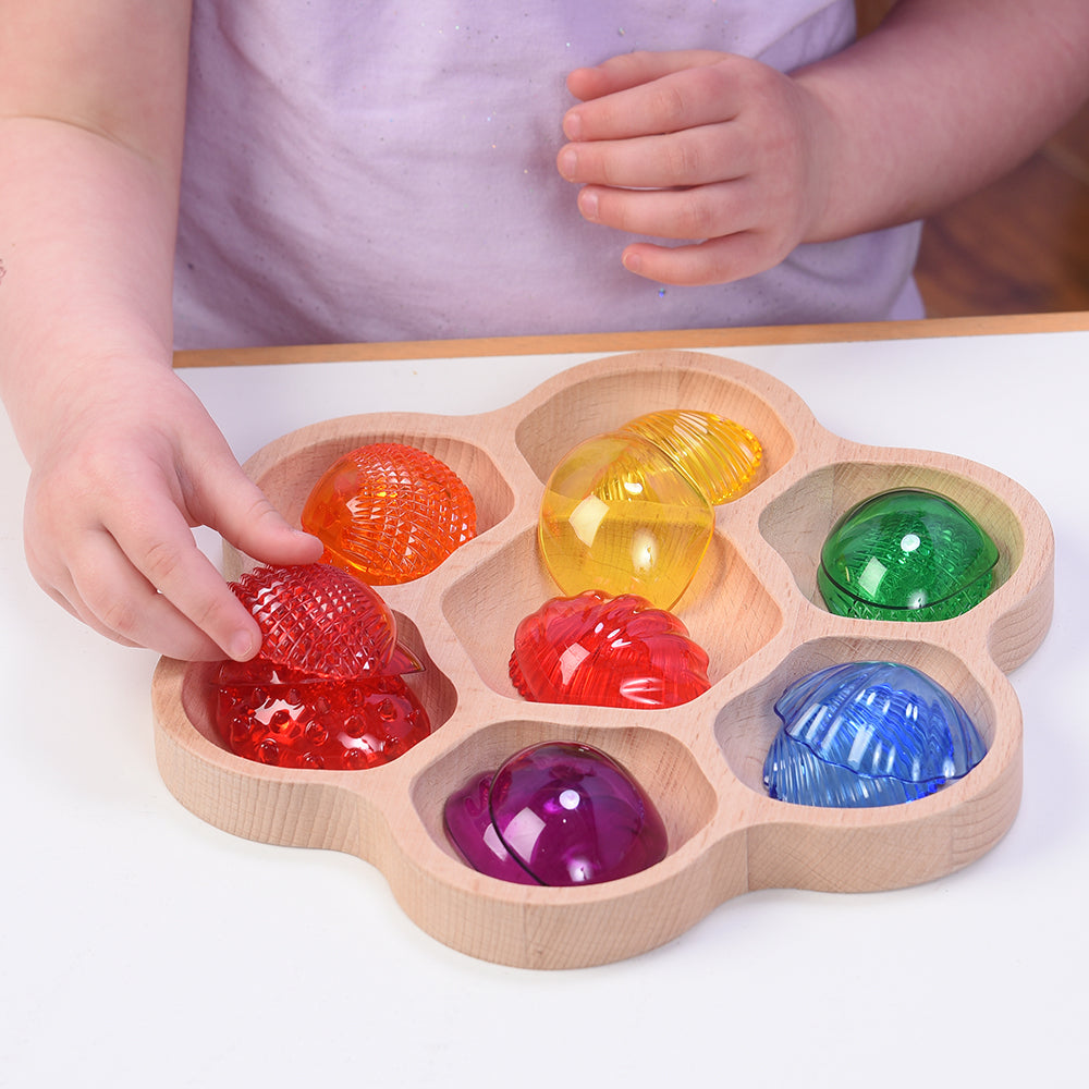 Sorting Colorful Plastic Shells in Wooden Flower-Shaped Tray